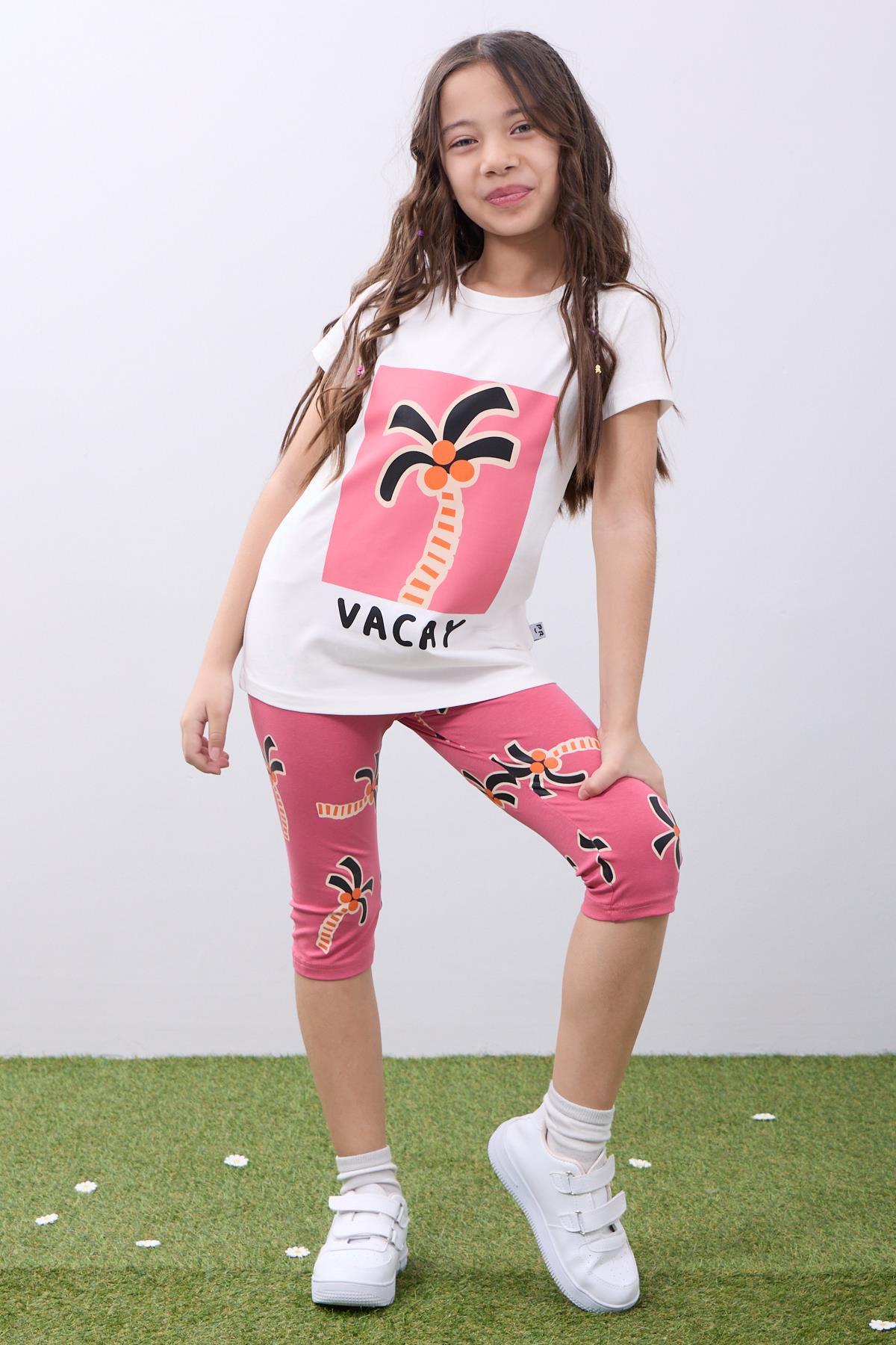 Kız Çocuk Palmiyeli Baskılı Yazlık Taytlı Takım