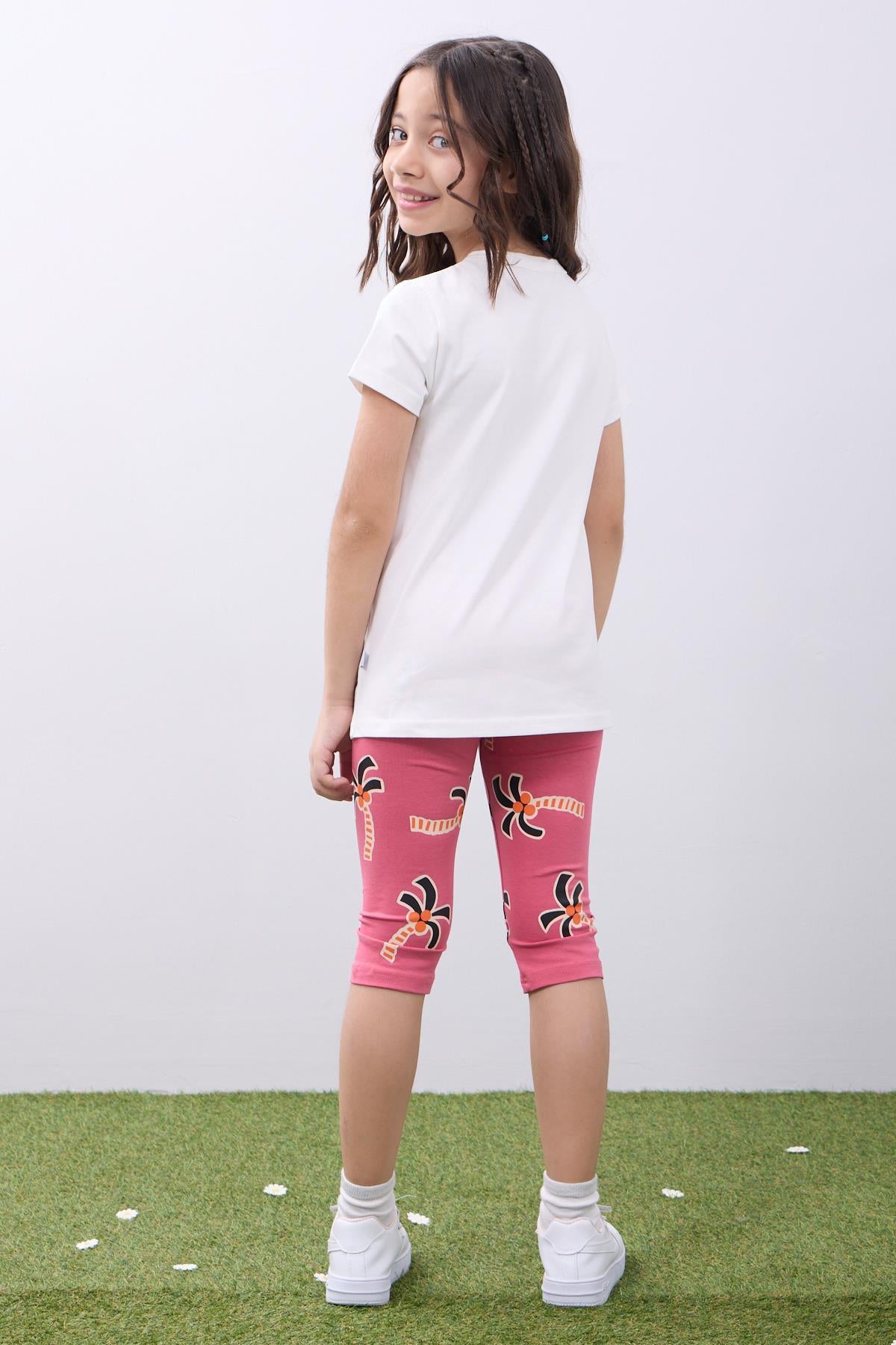 Kız Çocuk Palmiyeli Baskılı Yazlık Taytlı Takım