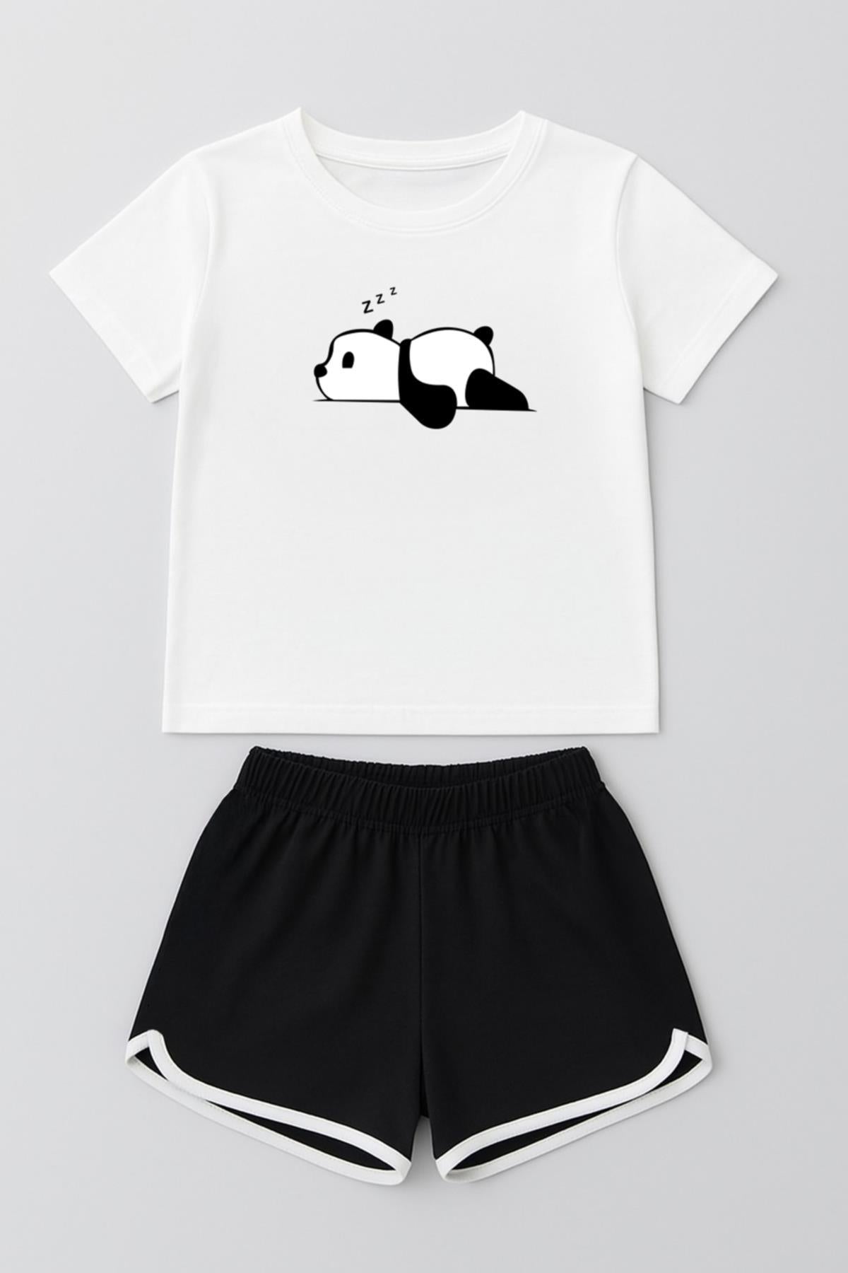Kız Çocuk Panda Baskılı Biye Detaylı Şortlu Takım