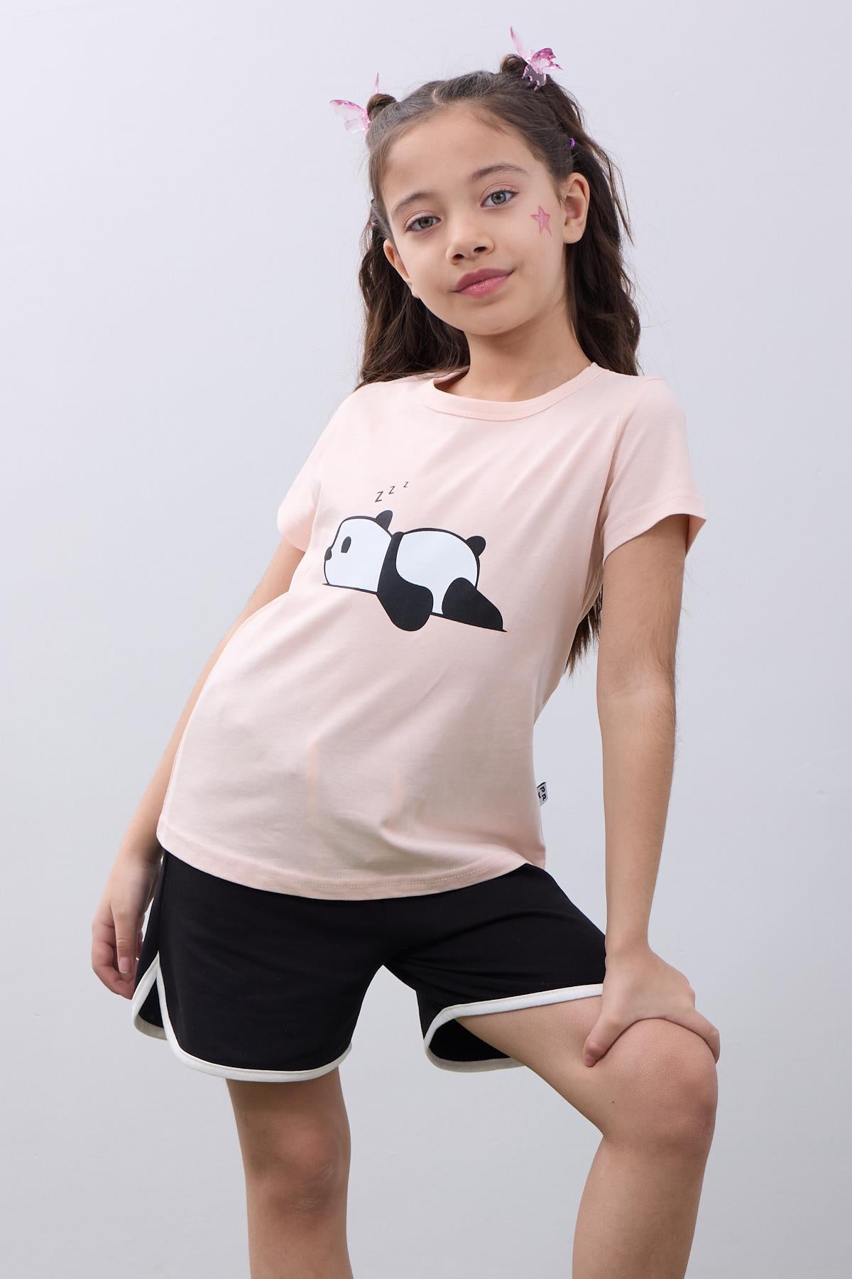 Kız Çocuk Panda Baskılı Biye Detaylı Şortlu Takım