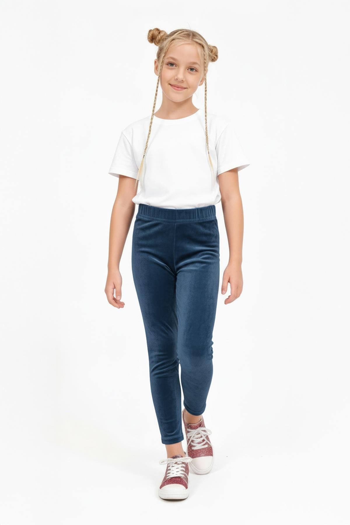 Kız Çocuk Parlak Dokulu İçi Polarlı Kadife Tayt – Petrol