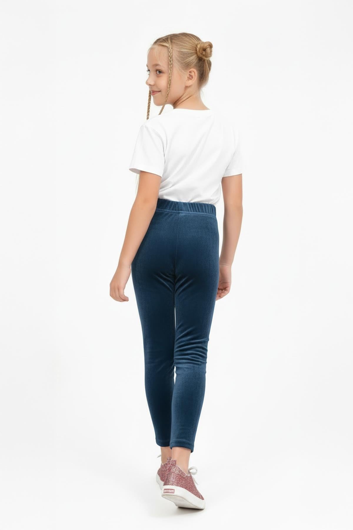 Kız Çocuk Parlak Dokulu İçi Polarlı Kadife Tayt – Petrol