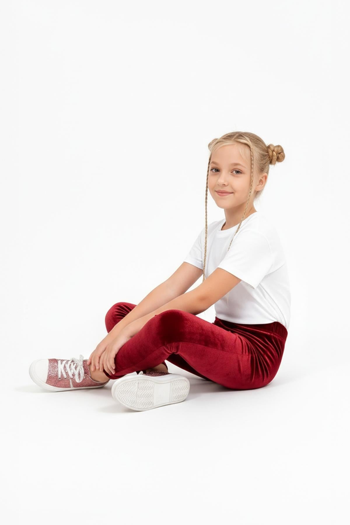 Kız Çocuk Parlak Dokulu Kadife İçi Polarlı Tayt – Bordo