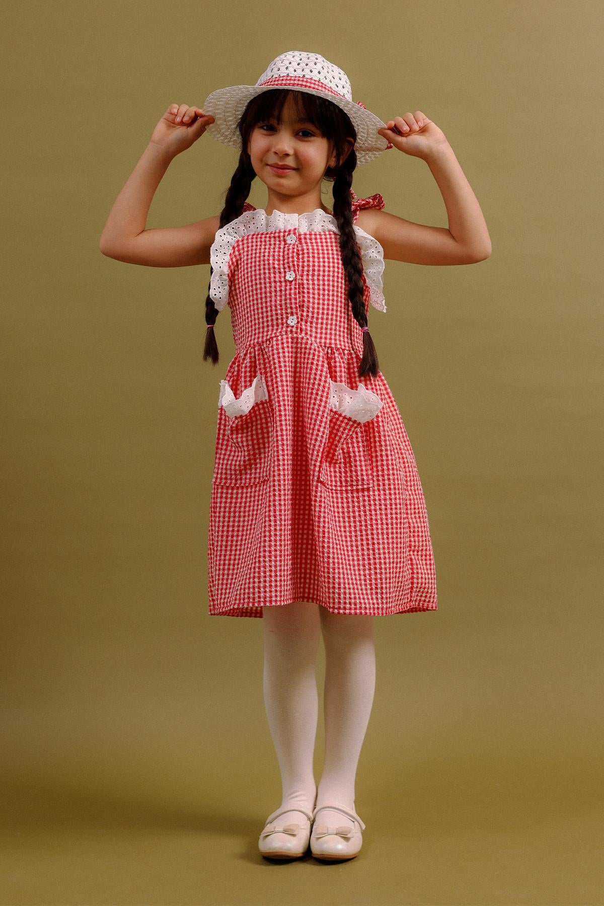 Kız Çocuk Pitikare Desenli Şapkalı Elbise Pamuk Penye Astarlı