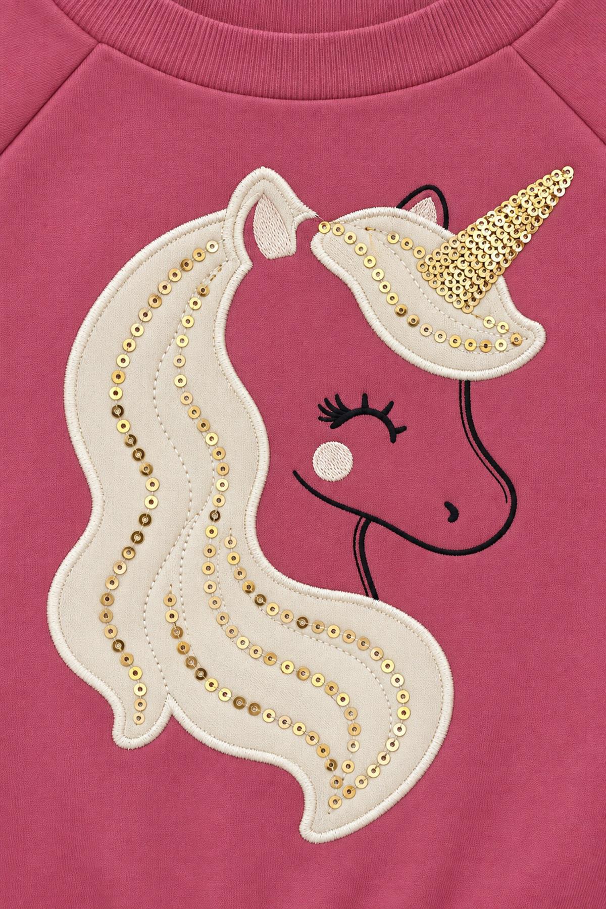 Kız Çocuk Pul Detaylı Unicorn Nakışlı İçi Polarlı Eşofman Takımı
