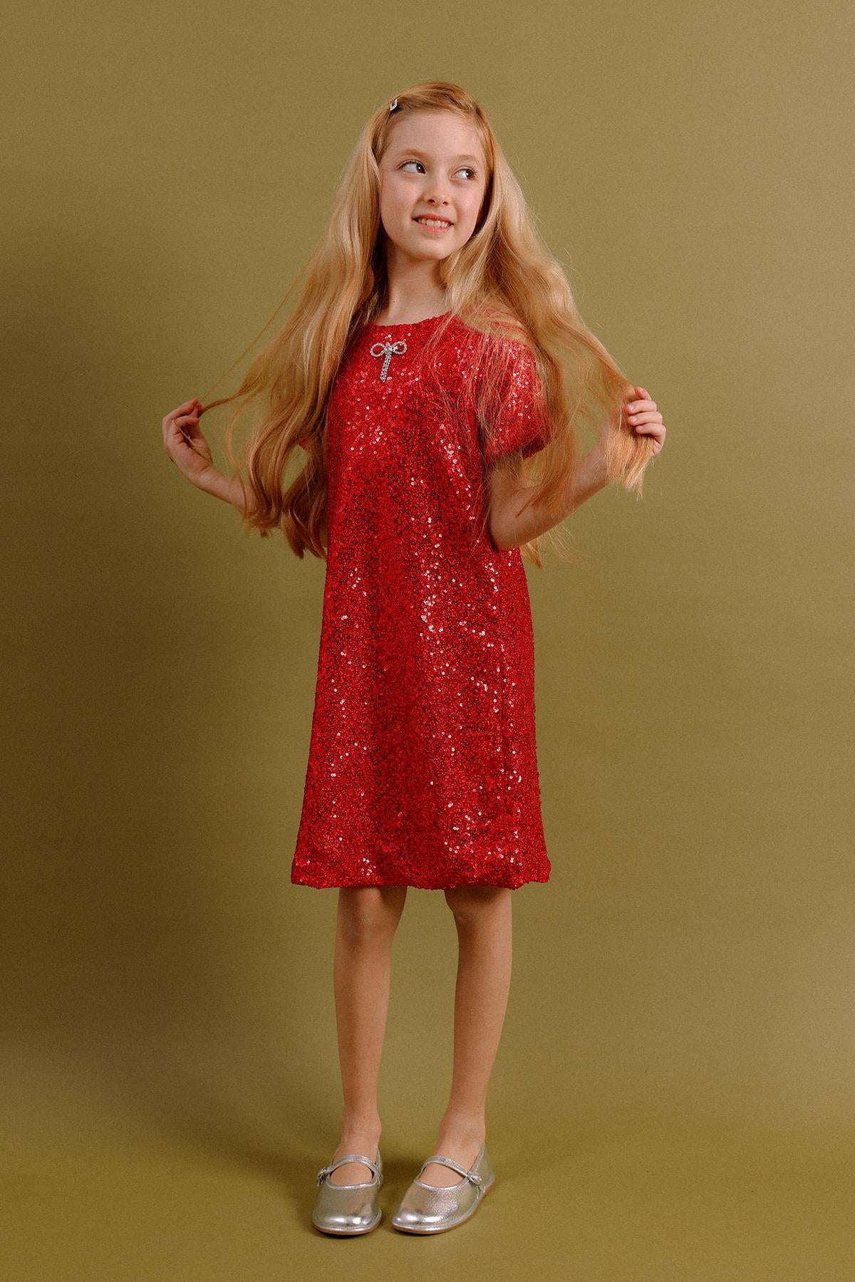 Kız Çocuk Pul Payetli Kadife Elbise – Broş Hediyeli Özel Gün Bayramlık Elbise