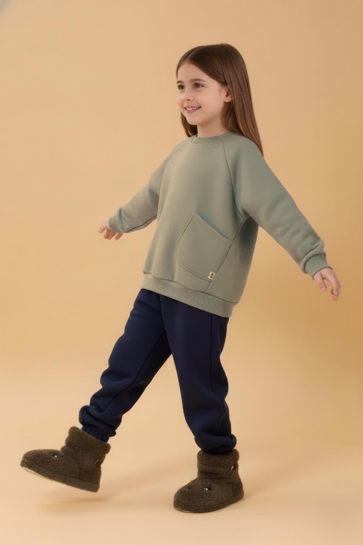 Kız Çocuk Rahat Kalıp Cep Detaylı 2’li içi polarlı Sweatshirt