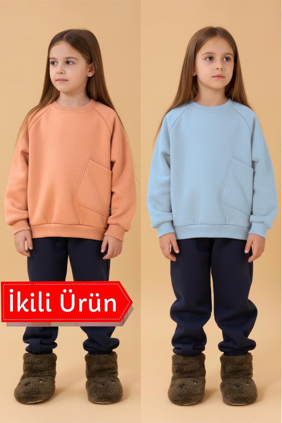 Kız Çocuk Rahat Kalıp Cep Detaylı 2’li içi polarlı Sweatshirt