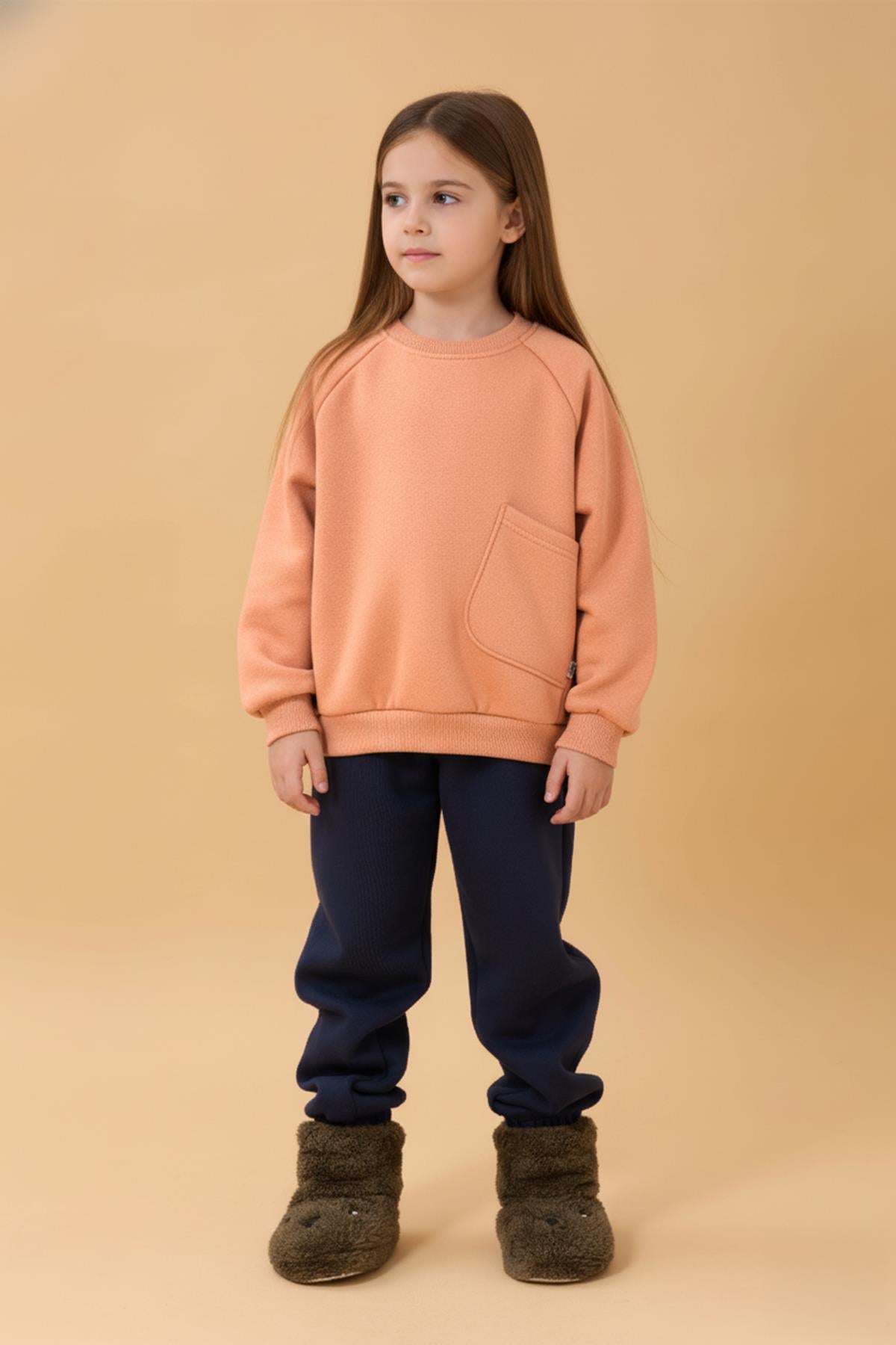 Kız Çocuk Rahat Kalıp Cep Detaylı 2’li içi polarlı Sweatshirt