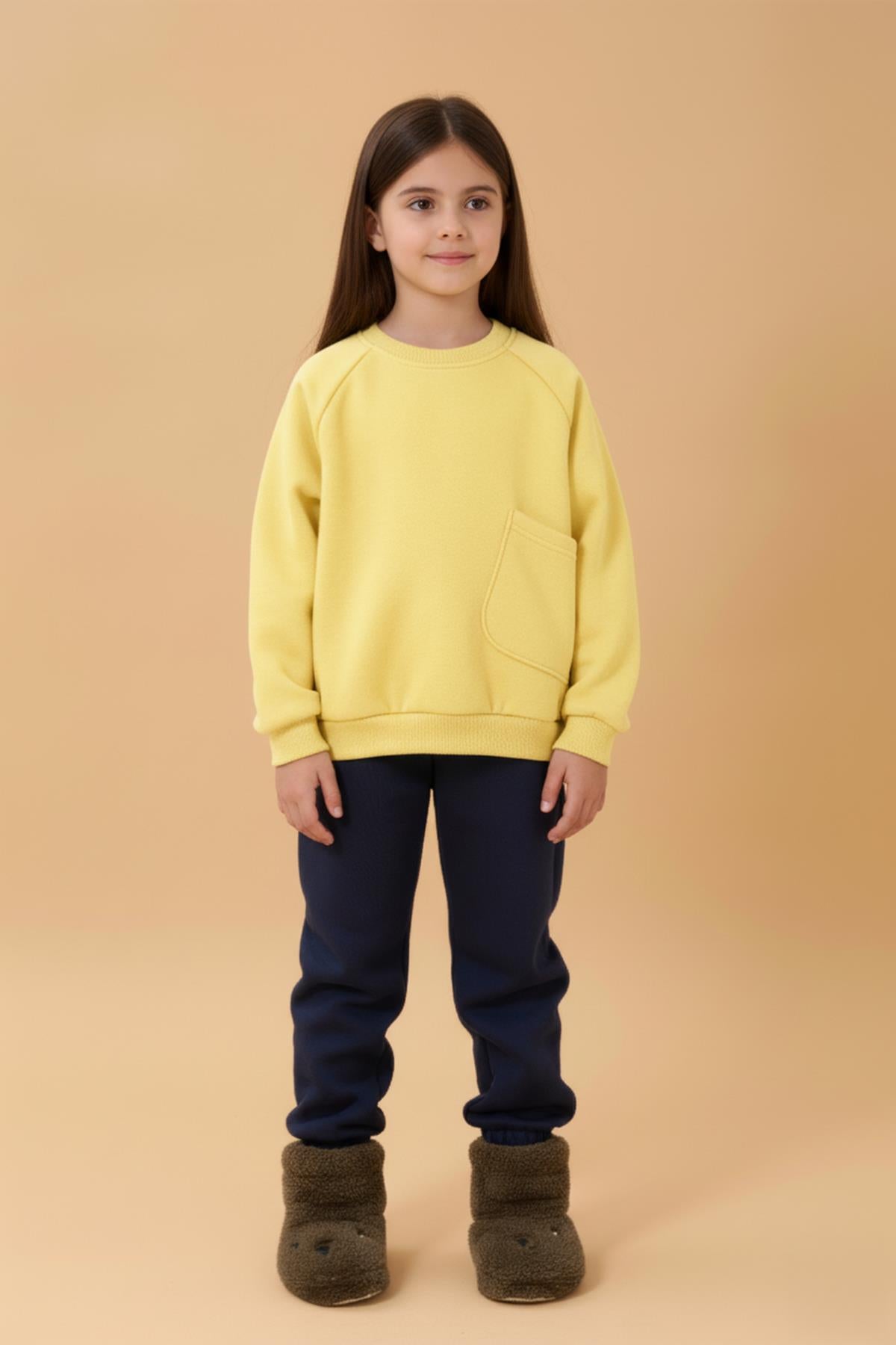 Kız Çocuk Rahat Kalıp Cep Detaylı 2’li içi polarlı Sweatshirt – Sarı & Çağla