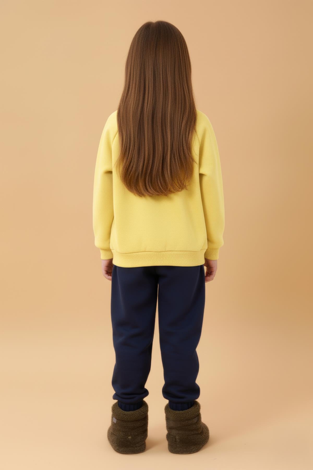 Kız Çocuk Rahat Kalıp Cep Detaylı 2’li içi polarlı Sweatshirt – Sarı & Çağla