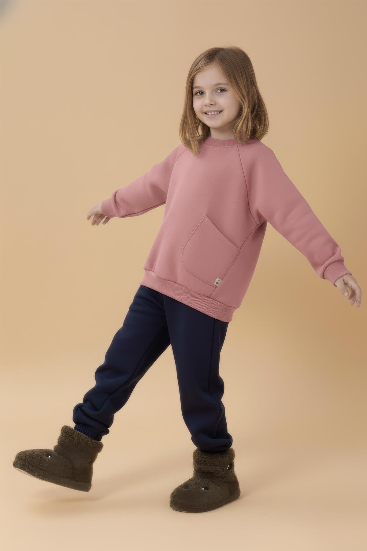 Kız Çocuk Rahat Kalıp Cep Detaylı 2’li içi polarlı Sweatshirt – Yeşil & Pembe