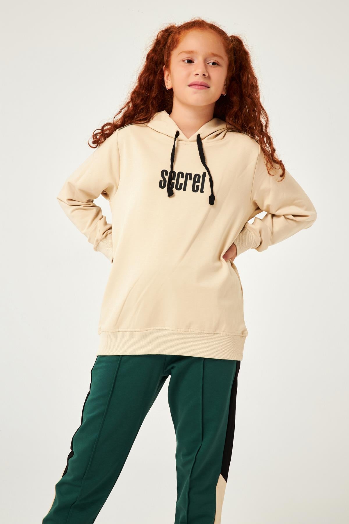 Secret Baskı Detaylı Kız Çocuk Kapüşonlu Sweatshirt Taş