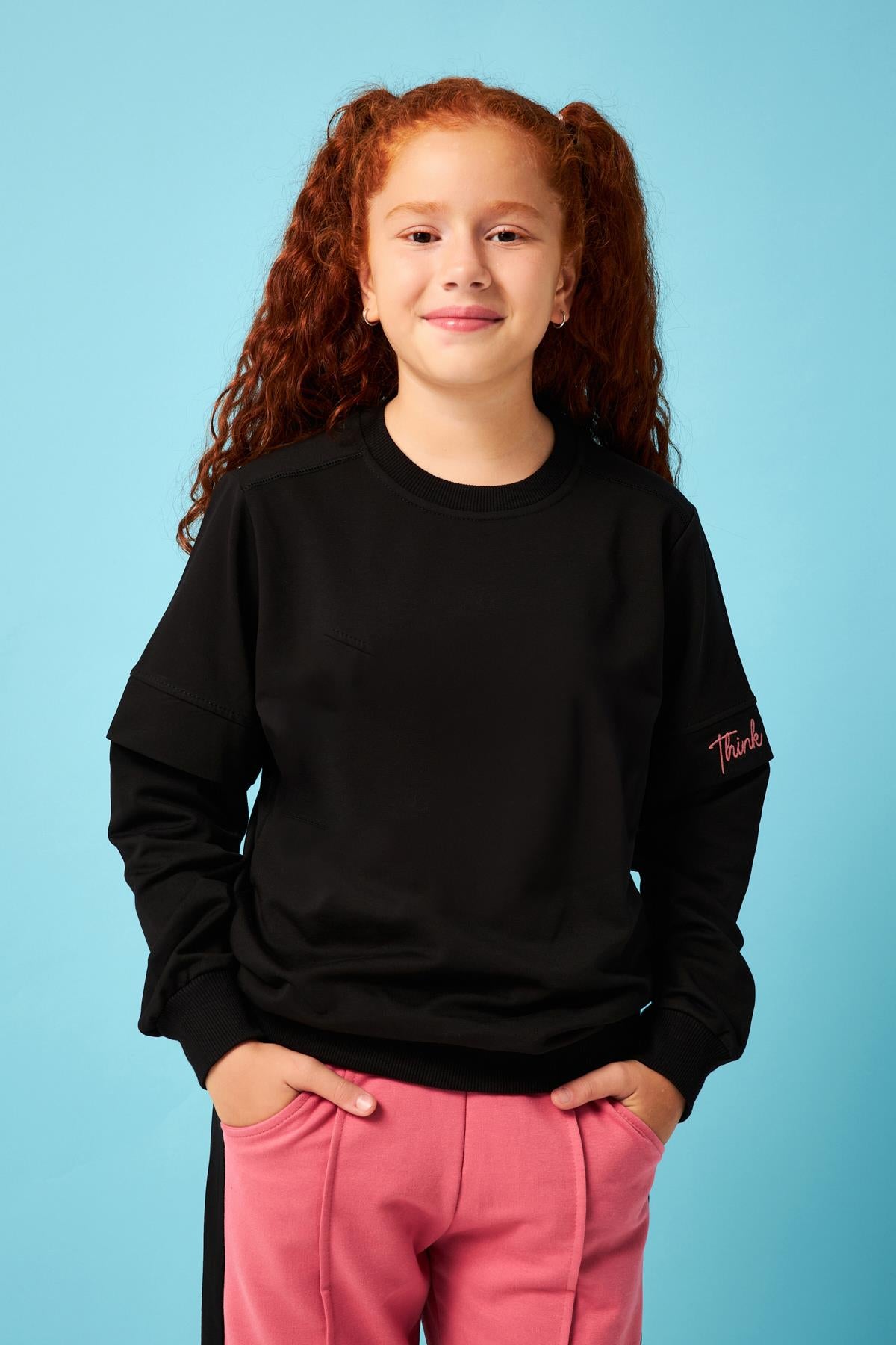 Think Positive Nakış Detaylı Kız Çocuk Sweatshirt Siyah