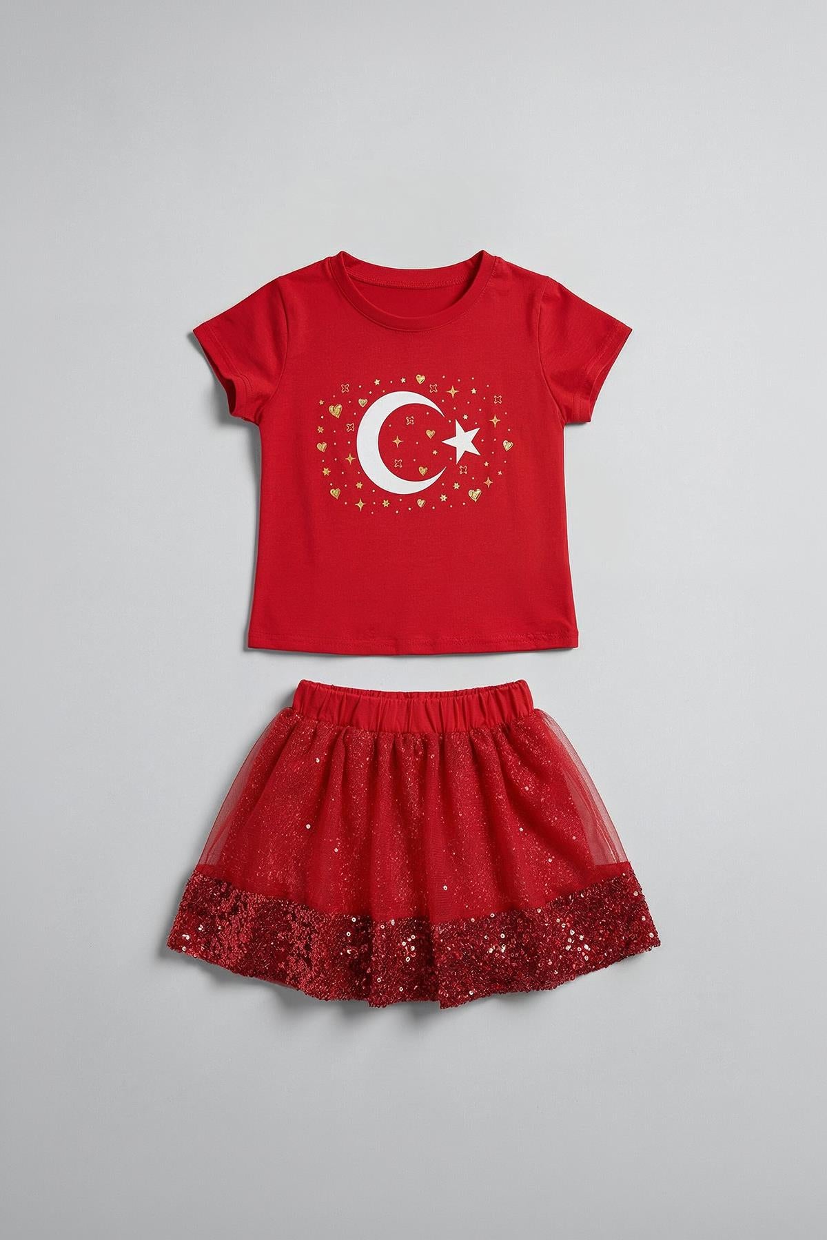 Kız Çocuk Türk Bayrak Baskılı Tişört ve Pul Payetli Etekli Takım
