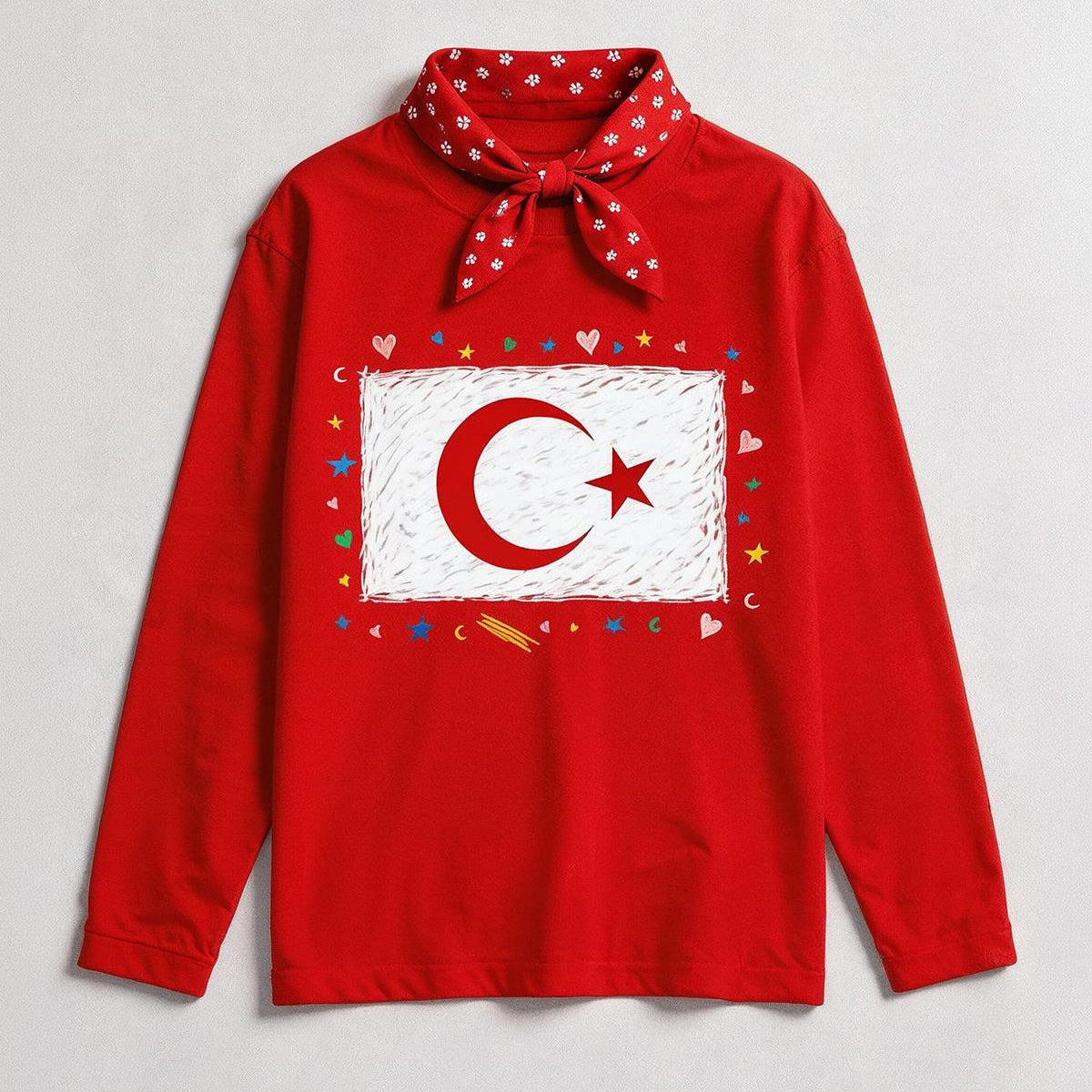 Kız Çocuk Türk Bayrak Baskılı Uzun Kollu Tişört – Fular Hediyeli