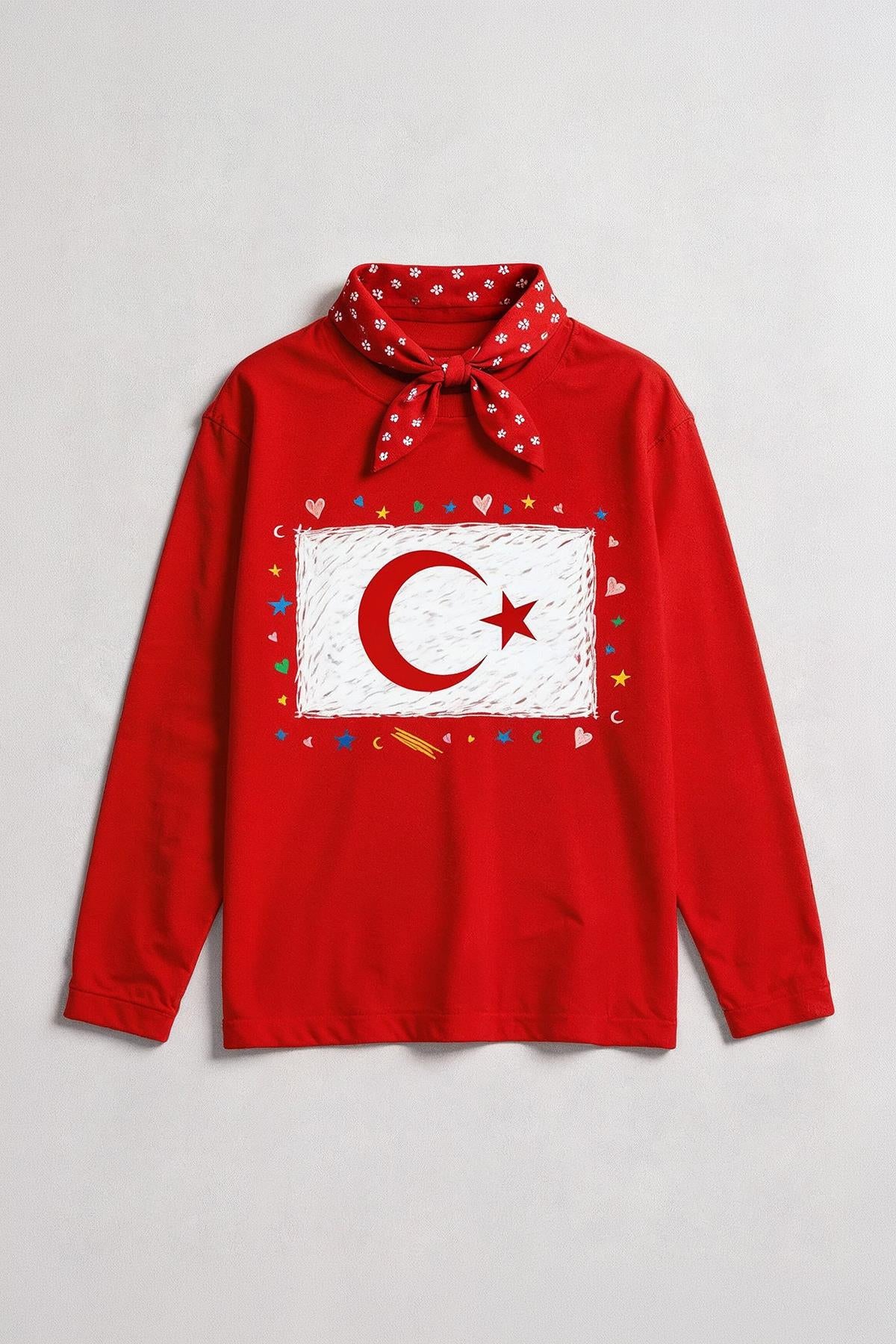 Kız Çocuk Türk Bayrak Baskılı Uzun Kollu Tişört – Fular Hediyeli