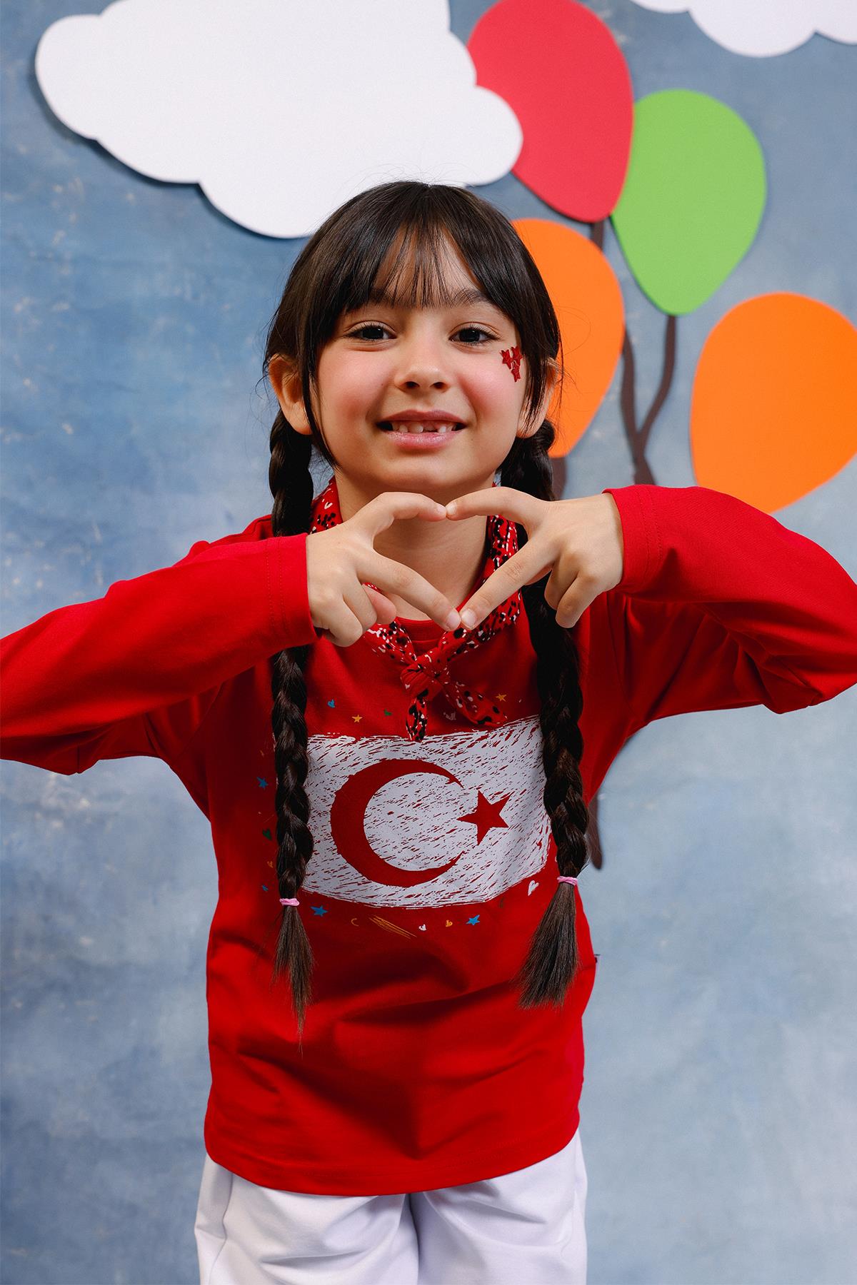 Kız Çocuk Türk Bayrak Baskılı Uzun Kollu Tişört – Fular Hediyeli