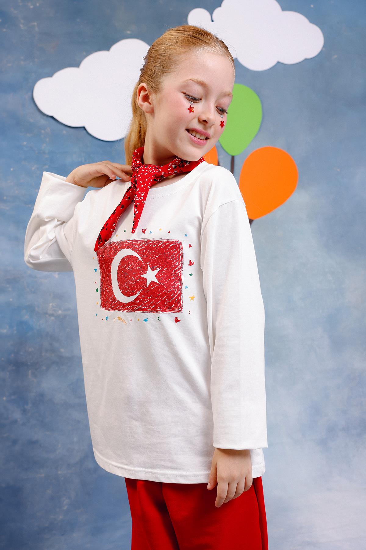 Kız Çocuk Türk Bayrak Baskılı Uzun Kollu Tişört – Fular Hediyeli