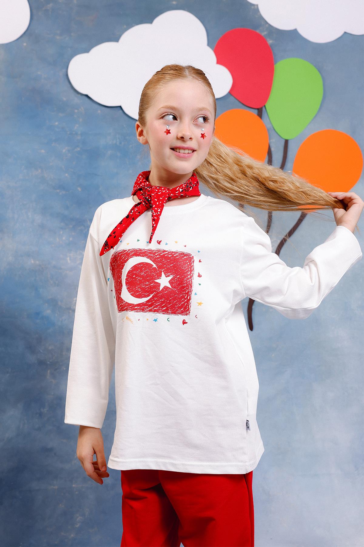 Kız Çocuk Türk Bayrak Baskılı Uzun Kollu Tişört – Fular Hediyeli