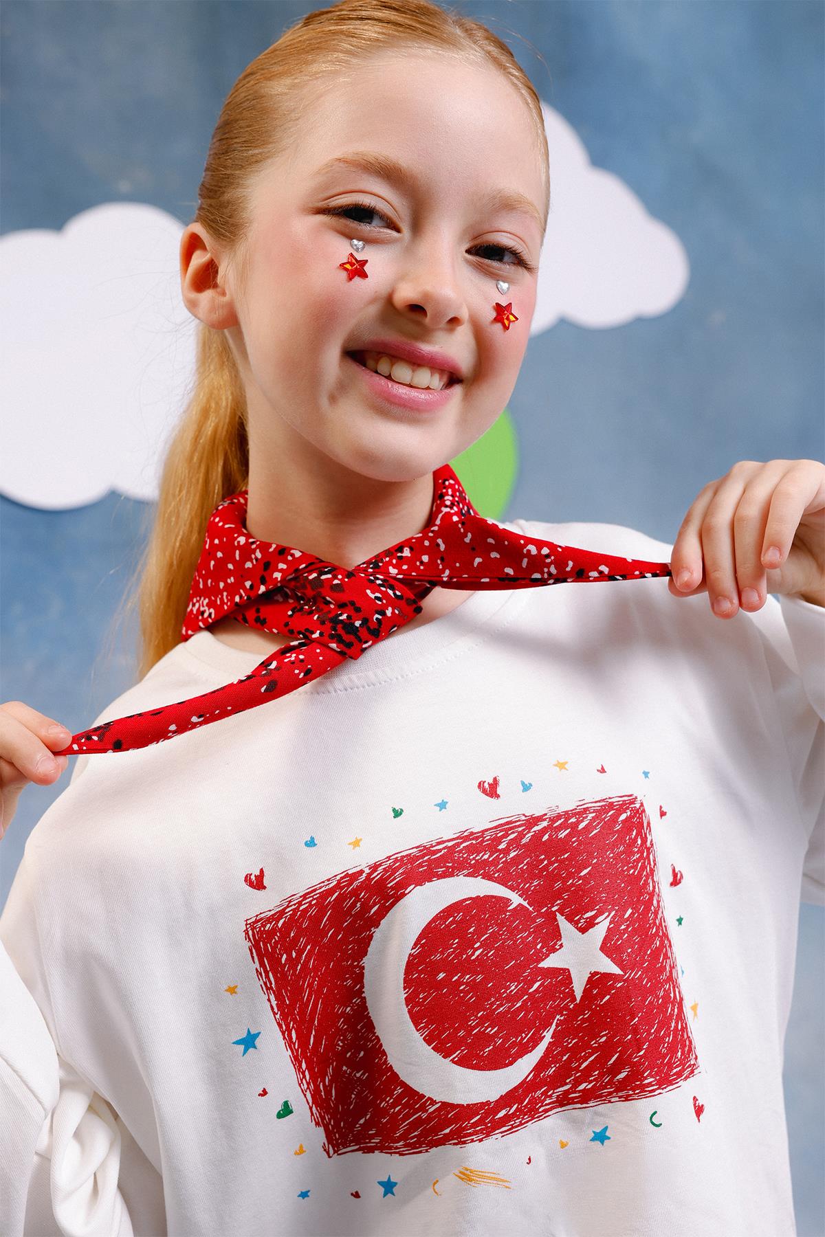 Kız Çocuk Türk Bayrak Baskılı Uzun Kollu Tişört – Fular Hediyeli