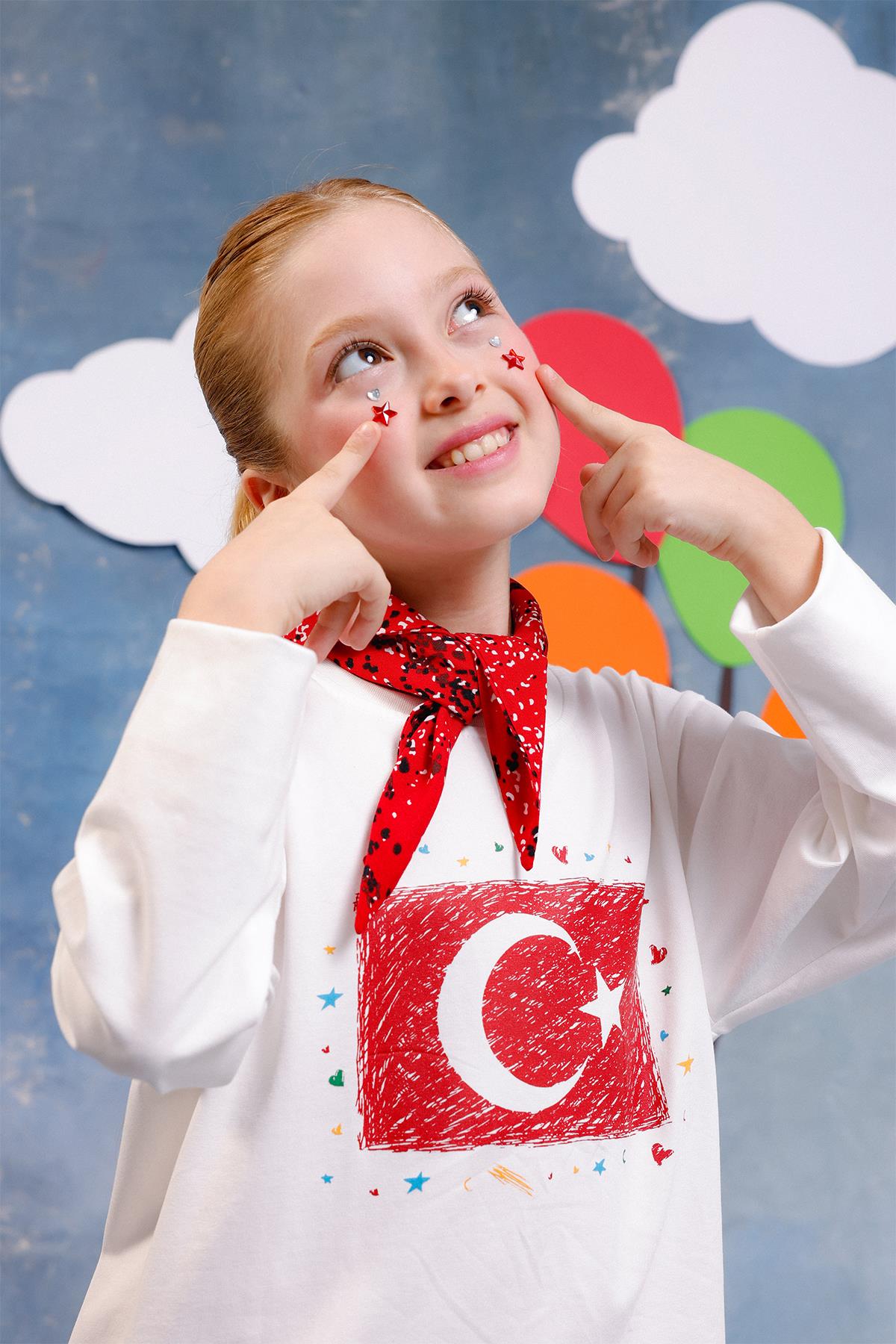 Kız Çocuk Türk Bayrak Baskılı Uzun Kollu Tişört – Fular Hediyeli