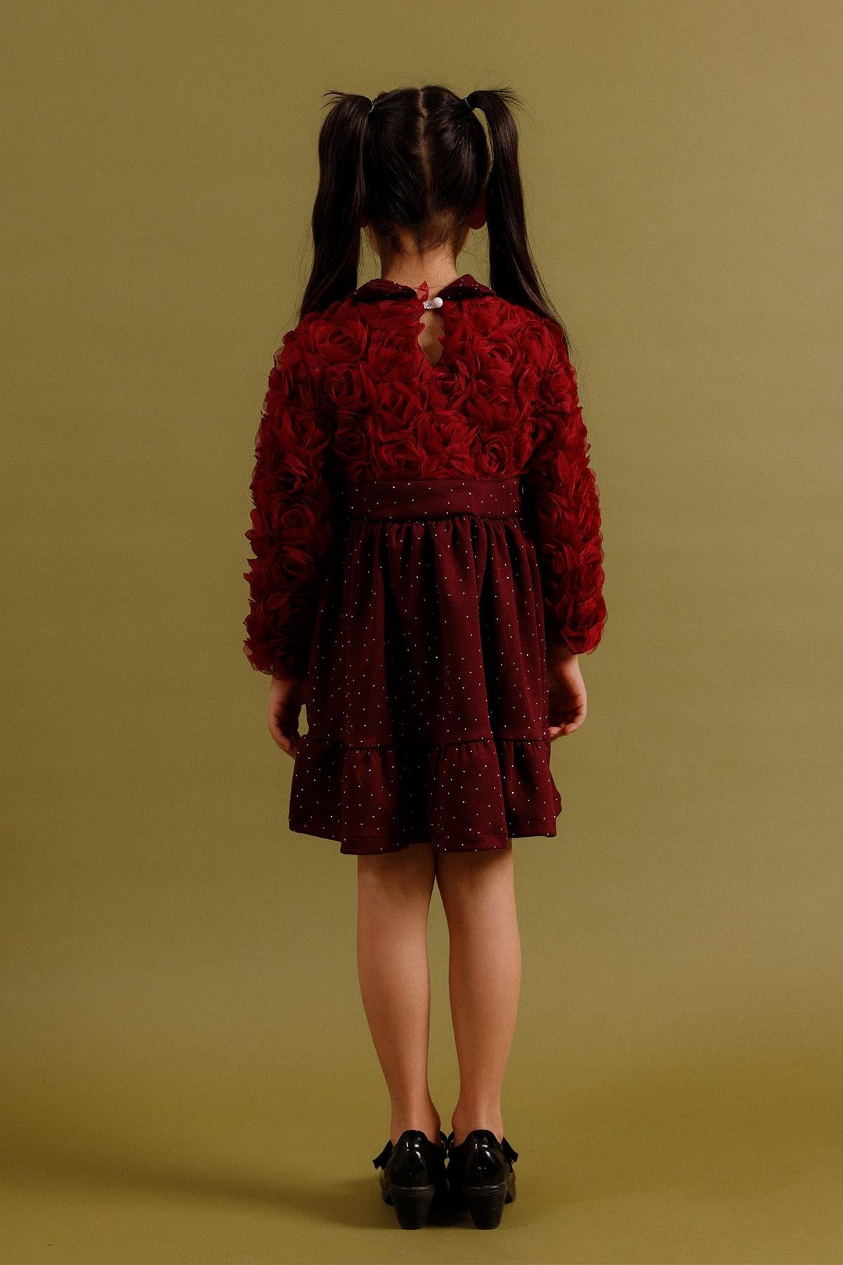 Kız Çocuk Yakalı Gül Dokulu Pamuk Astarlı Özel Gün Elbisesi