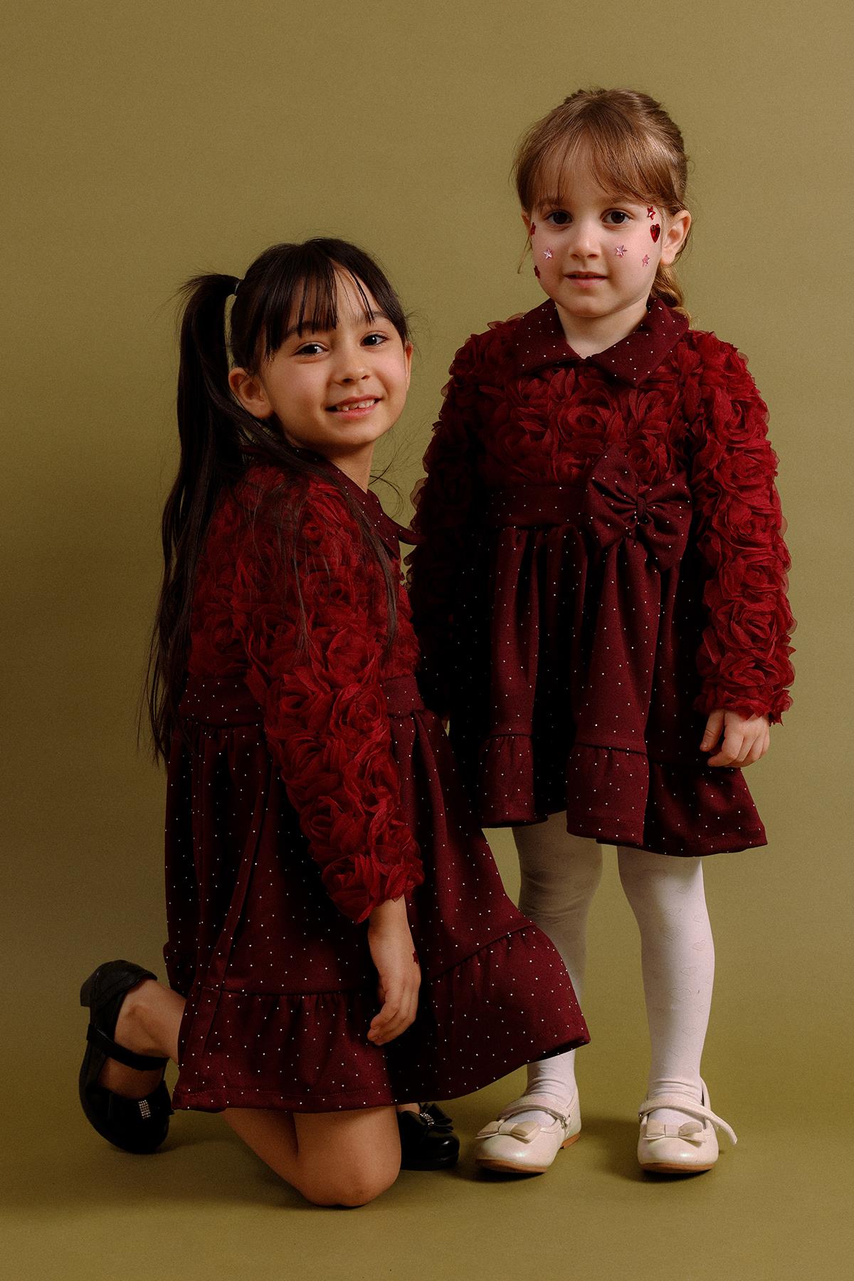 Kız Çocuk Yakalı Gül Dokulu Pamuk Astarlı Özel Gün Elbisesi