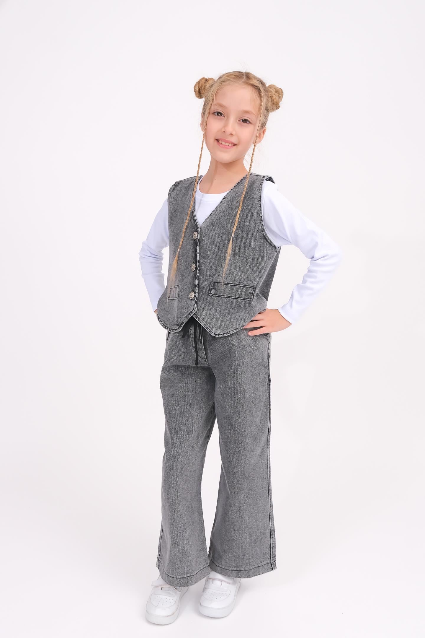 Kız Çocuk Yelek Ve Geniş Paça Pantolon Kot Takım - Antrasit