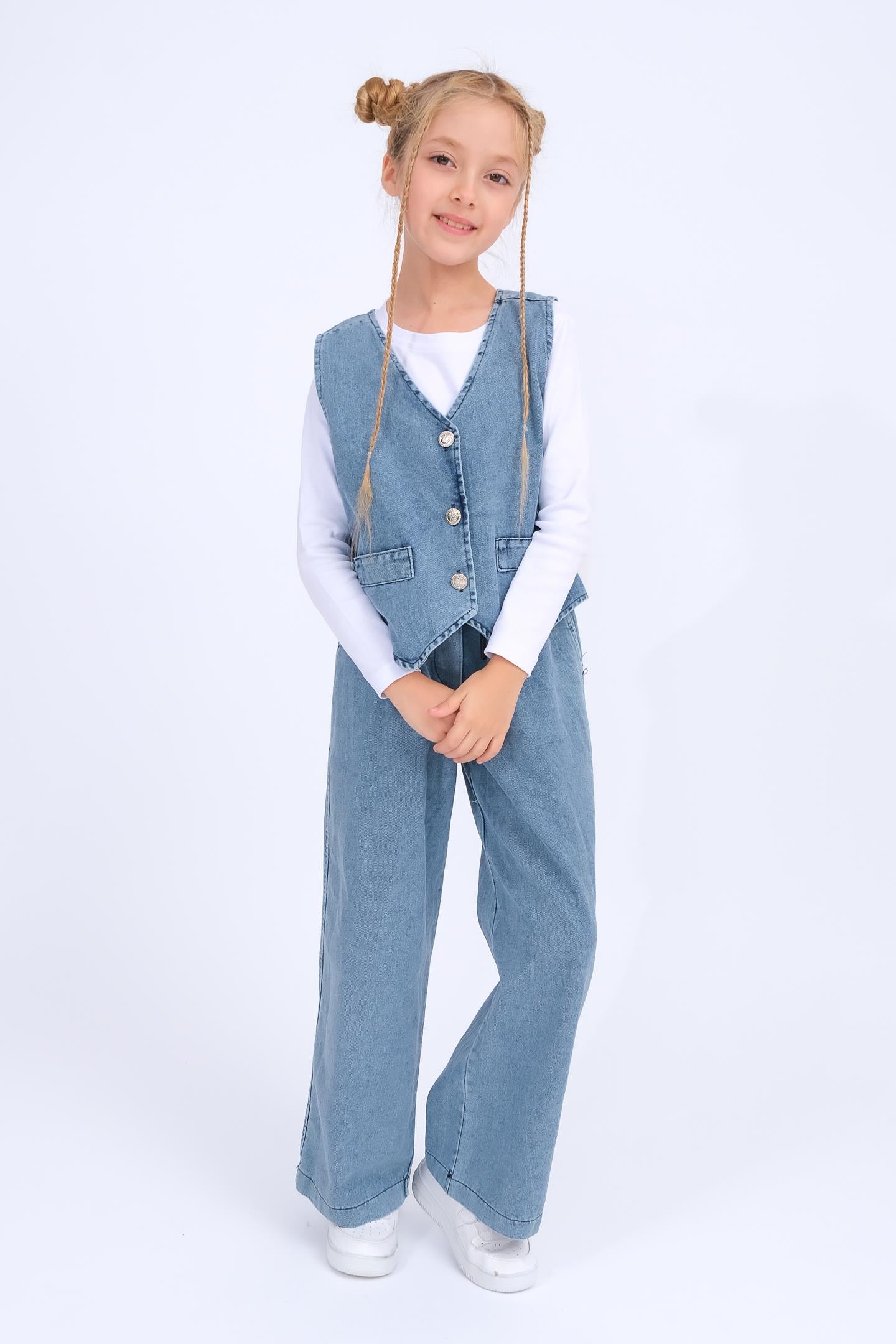 Kız Çocuk Yelek Ve Geniş Paça Pantolon Kot Takım - Mavi