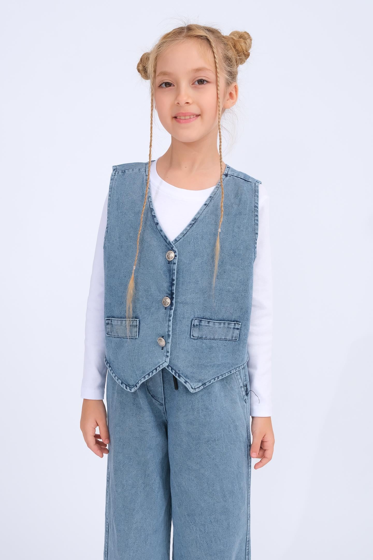 Kız Çocuk Yelek Ve Geniş Paça Pantolon Kot Takım - Mavi