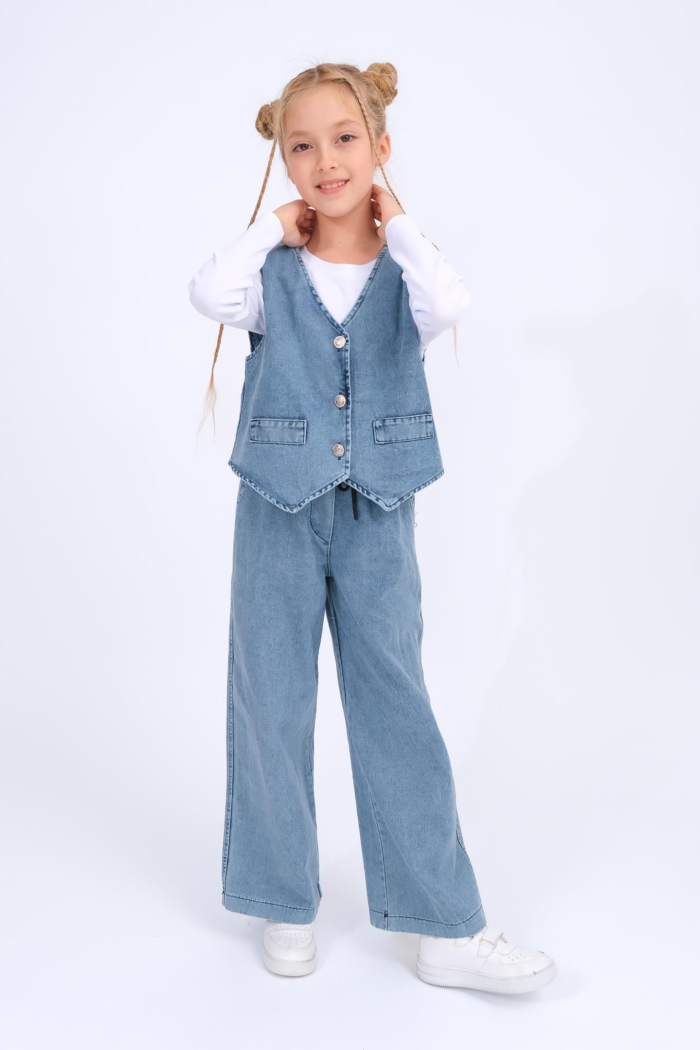 Kız Çocuk Yelek Ve Geniş Paça Pantolon Kot Takım - Mavi