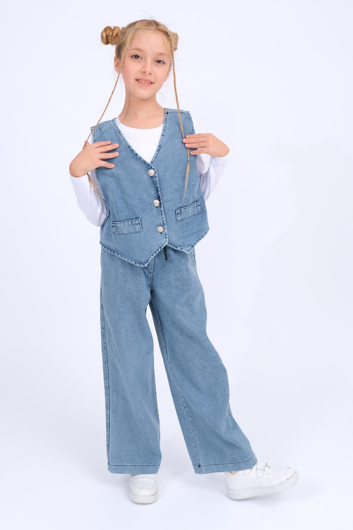Kız Çocuk Yelek Ve Geniş Paça Pantolon Kot Takım - Mavi