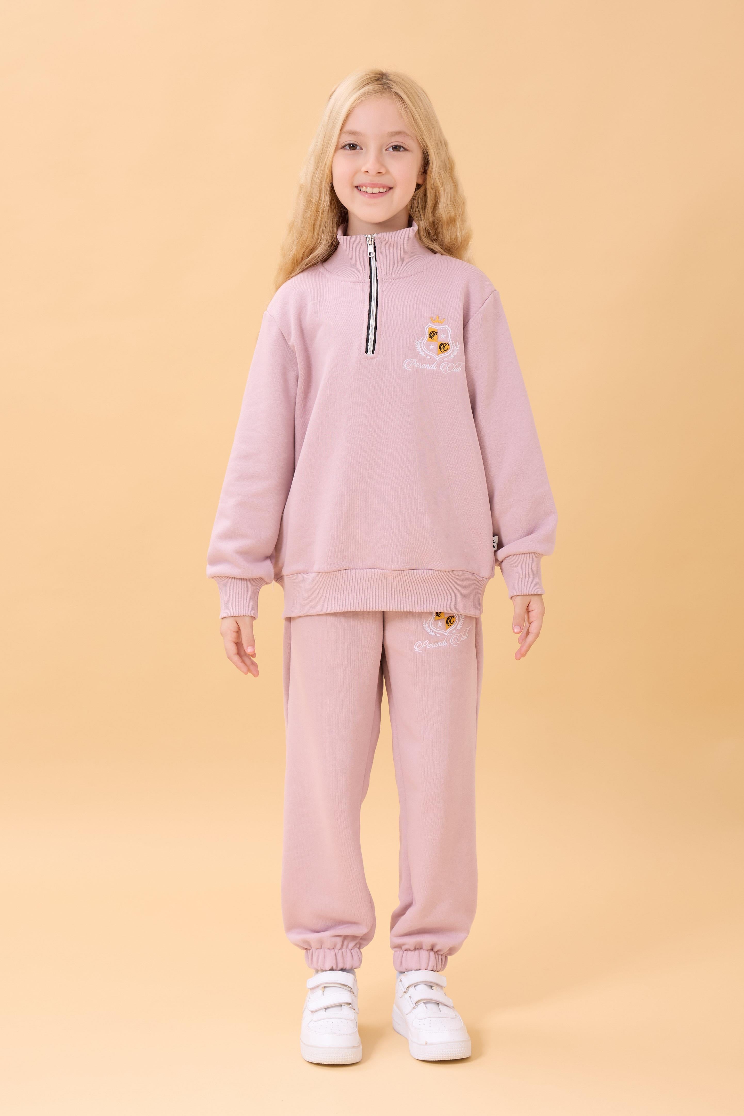 Kız Çocuk Yüksek Yaka Fermuarlı Nakış Detaylı Mevsimlik Eşofman Takımı