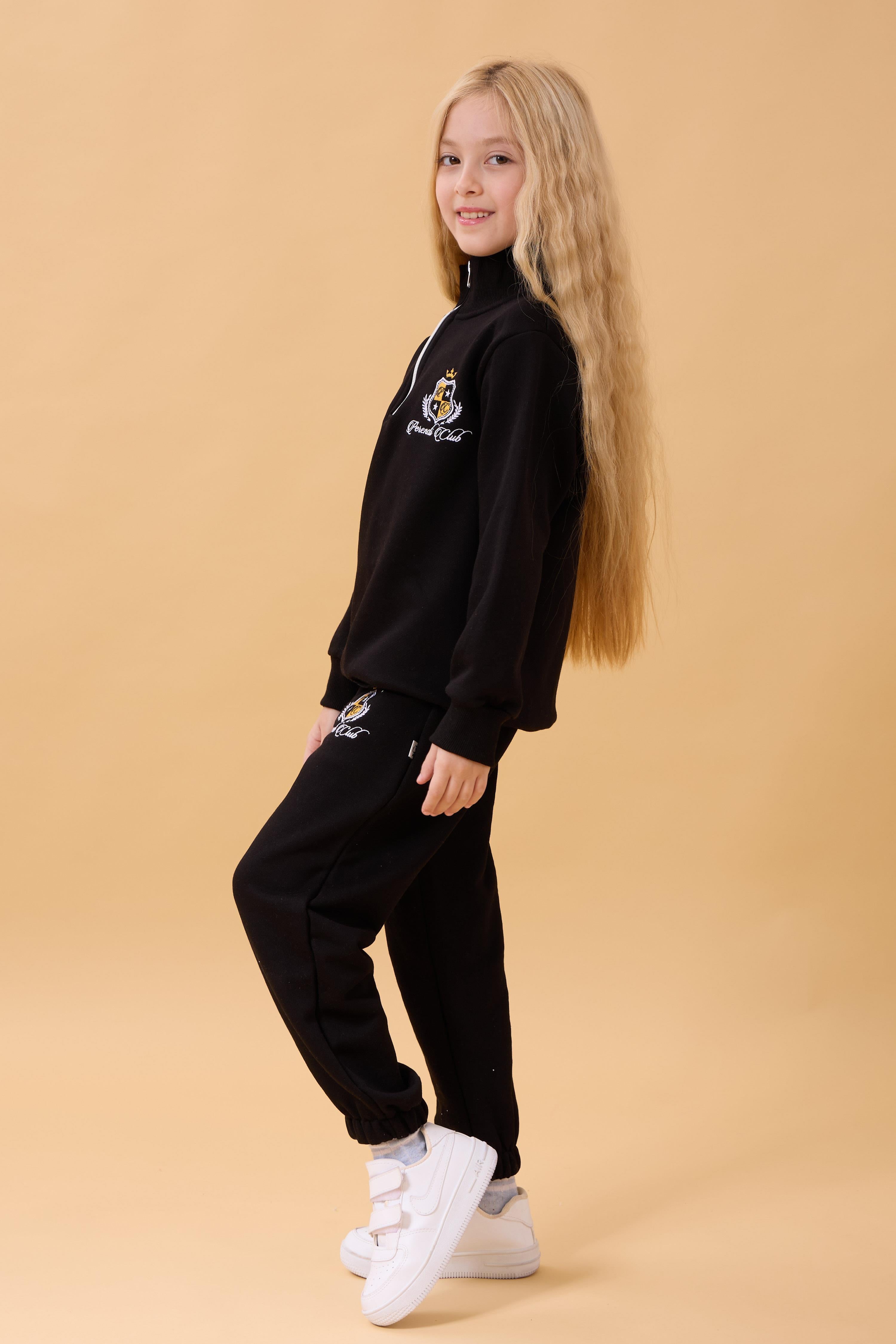 Kız Çocuk Yüksek Yaka Fermuarlı Nakış Detaylı Mevsimlik Eşofman Takımı