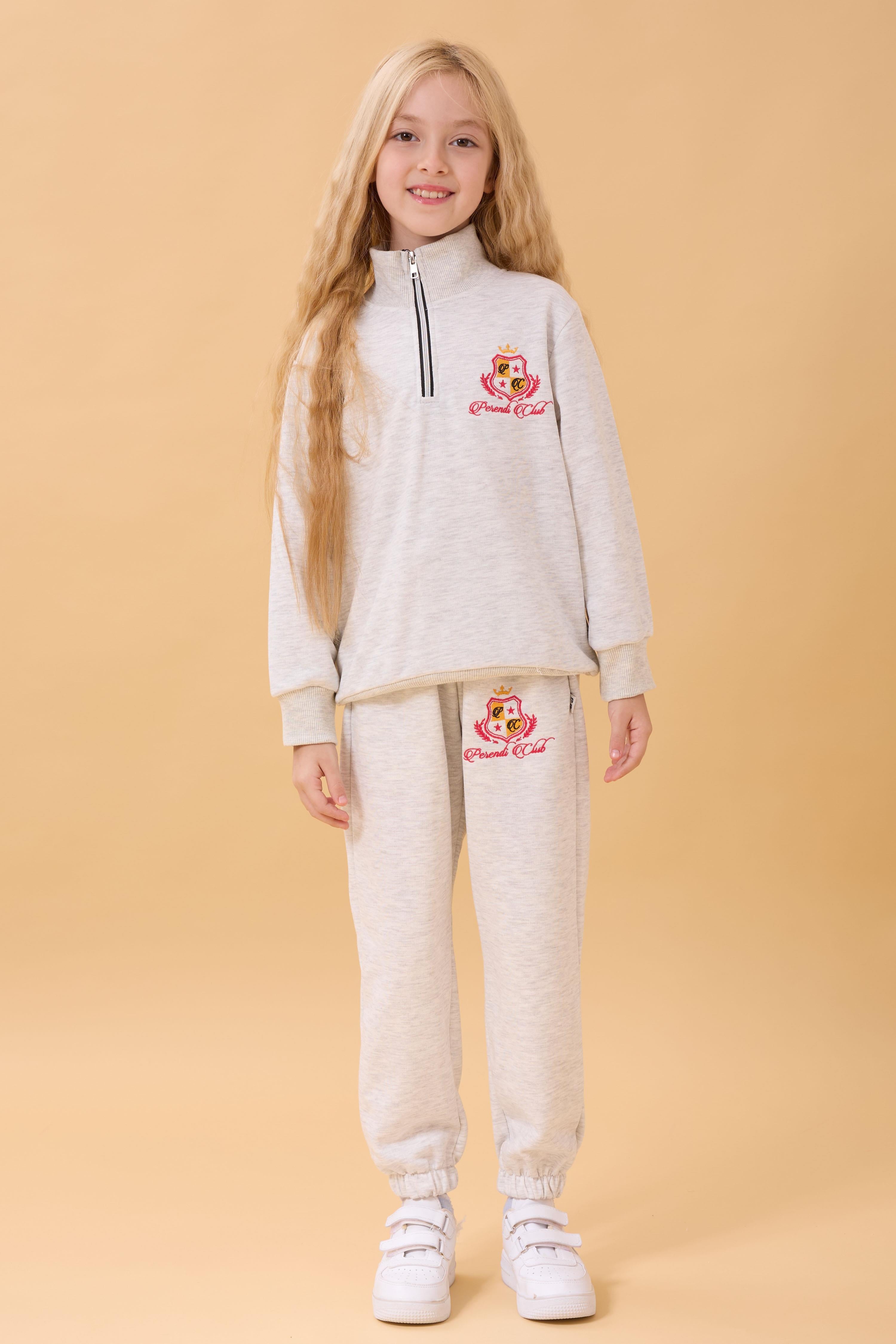 Kız Çocuk Yüksek Yaka Fermuarlı Nakış Detaylı Mevsimlik Eşofman Takımı