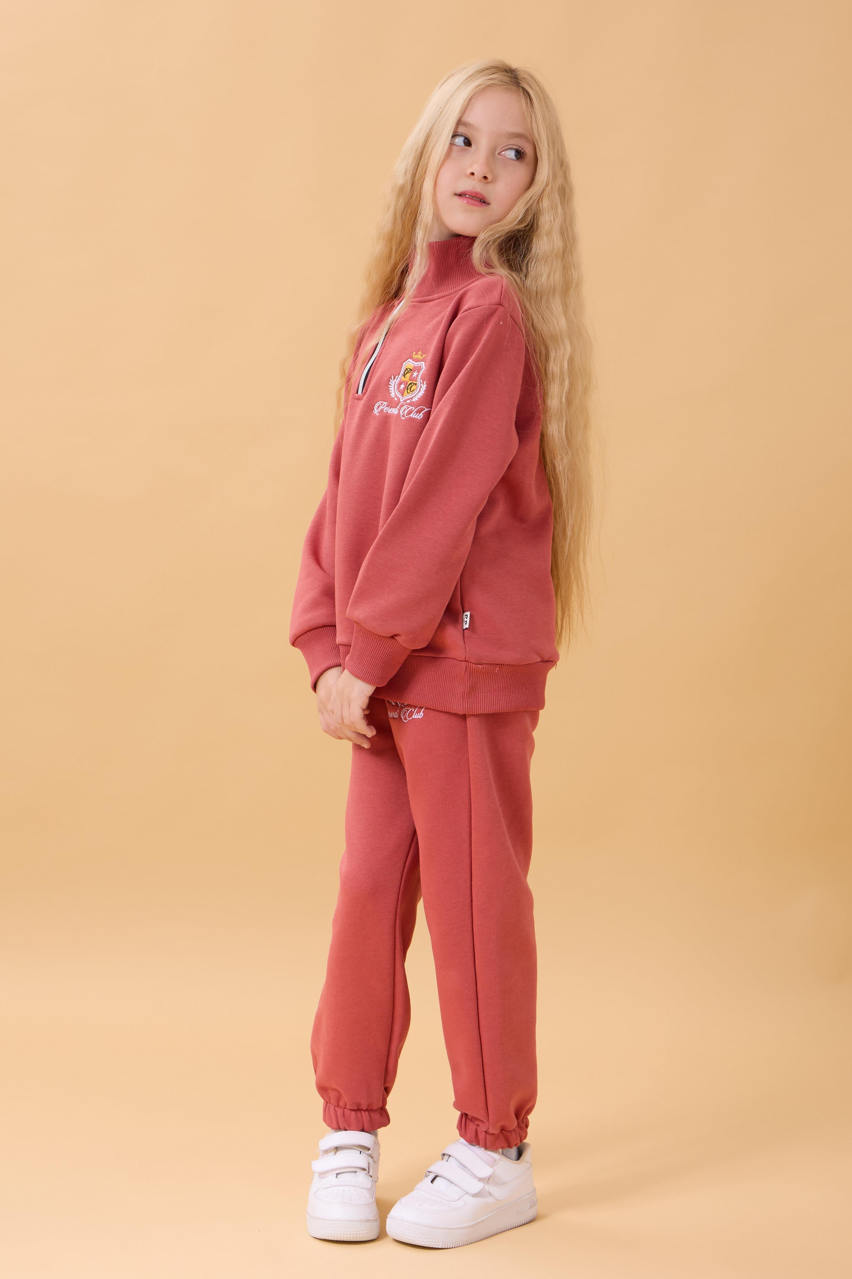 Kız Çocuk Yüksek Yaka Fermuarlı Nakış Detaylı Mevsimlik Eşofman Takımı