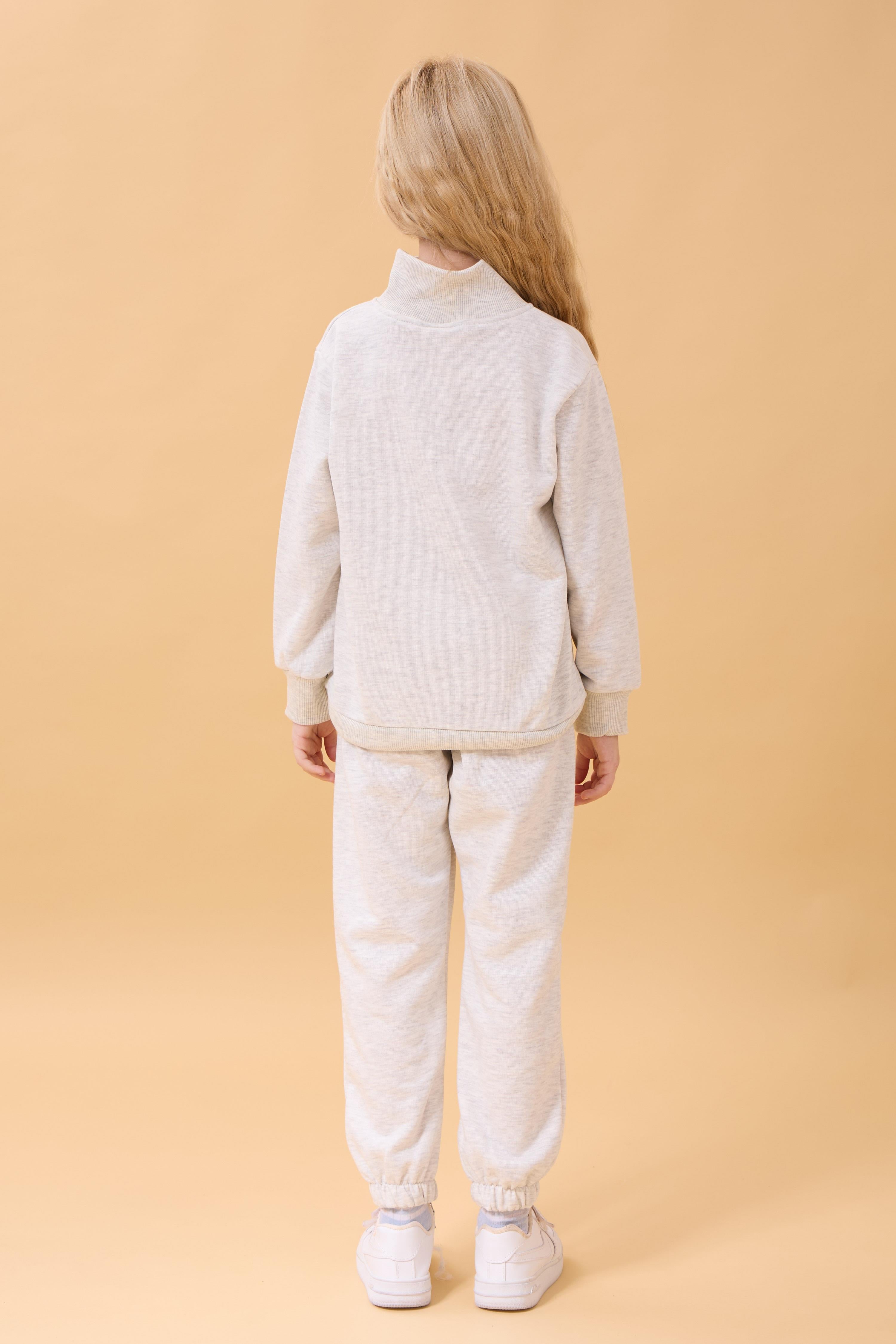 Kız Çocuk Yüksek Yaka Fermuarlı Nakış Detaylı Mevsimlik Eşofman Takımı Gri Melanj