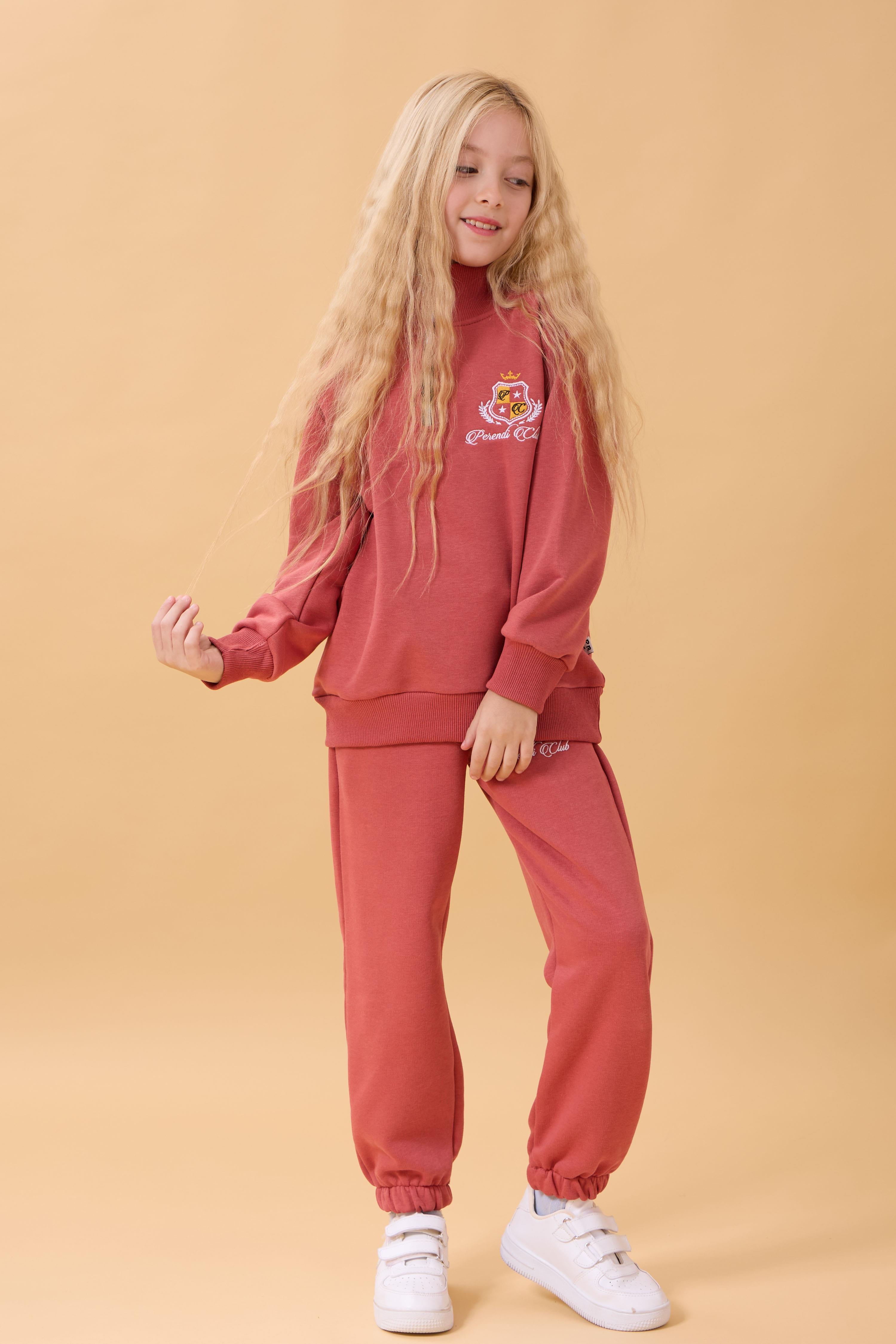 Kız Çocuk Yüksek Yaka Fermuarlı Nakış Detaylı Mevsimlik Eşofman Takımı Kiremit