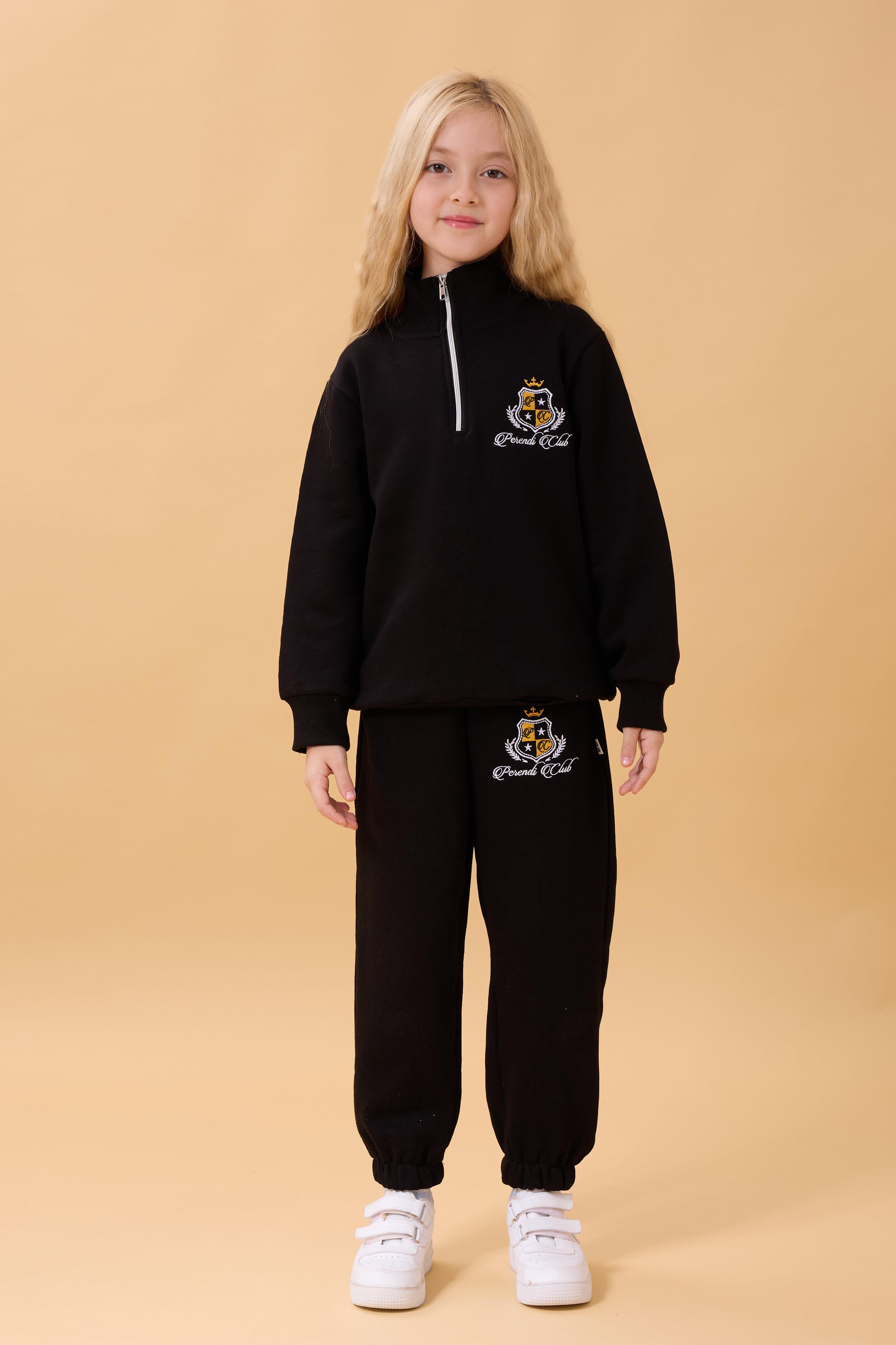 Kız Çocuk Yüksek Yaka Fermuarlı Nakış Detaylı Mevsimlik Eşofman Takımı Siyah