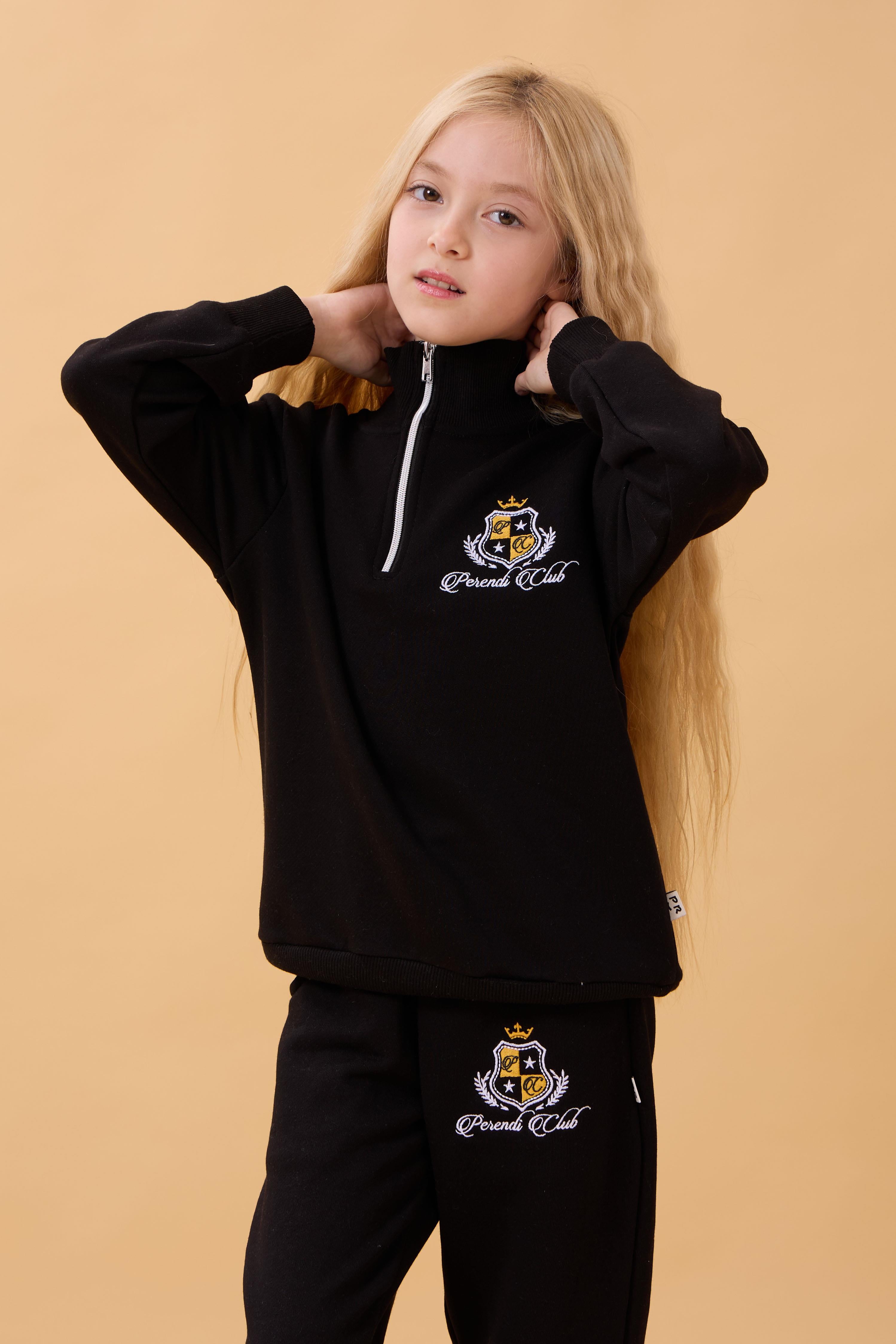 Kız Çocuk Yüksek Yaka Fermuarlı Nakış Detaylı Mevsimlik Eşofman Takımı Siyah