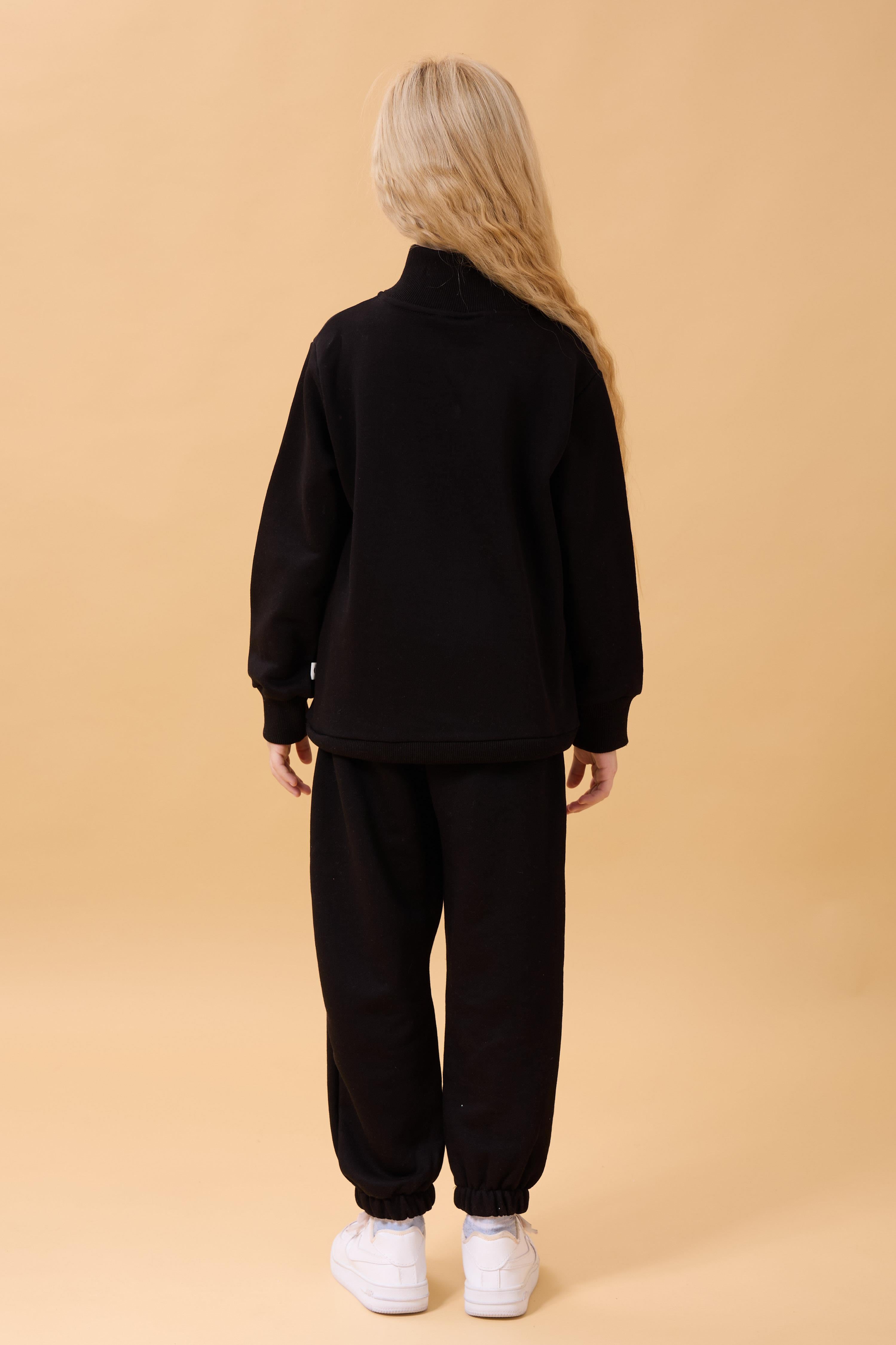 Kız Çocuk Yüksek Yaka Fermuarlı Nakış Detaylı Mevsimlik Eşofman Takımı Siyah