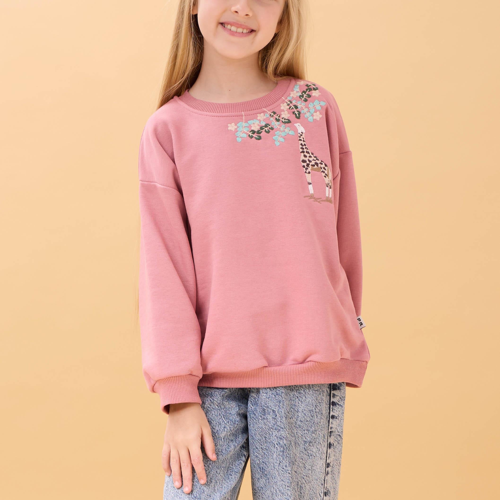 Kız Çocuk Zürafa Nakışlı Mevsimlik Oversize Sweatshirt