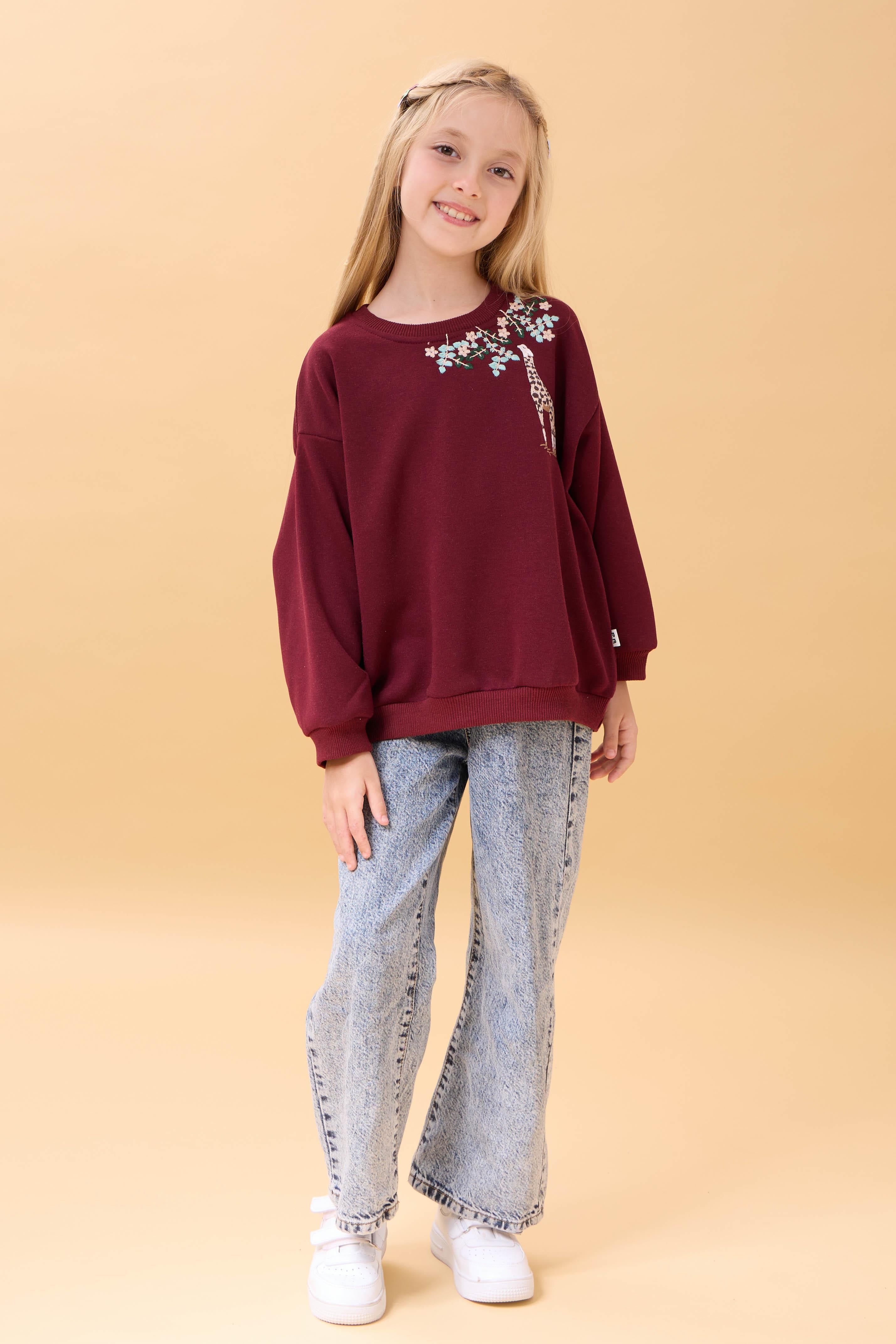 Kız Çocuk Zürafa Nakışlı Mevsimlik Oversize Sweatshirt – Bordo