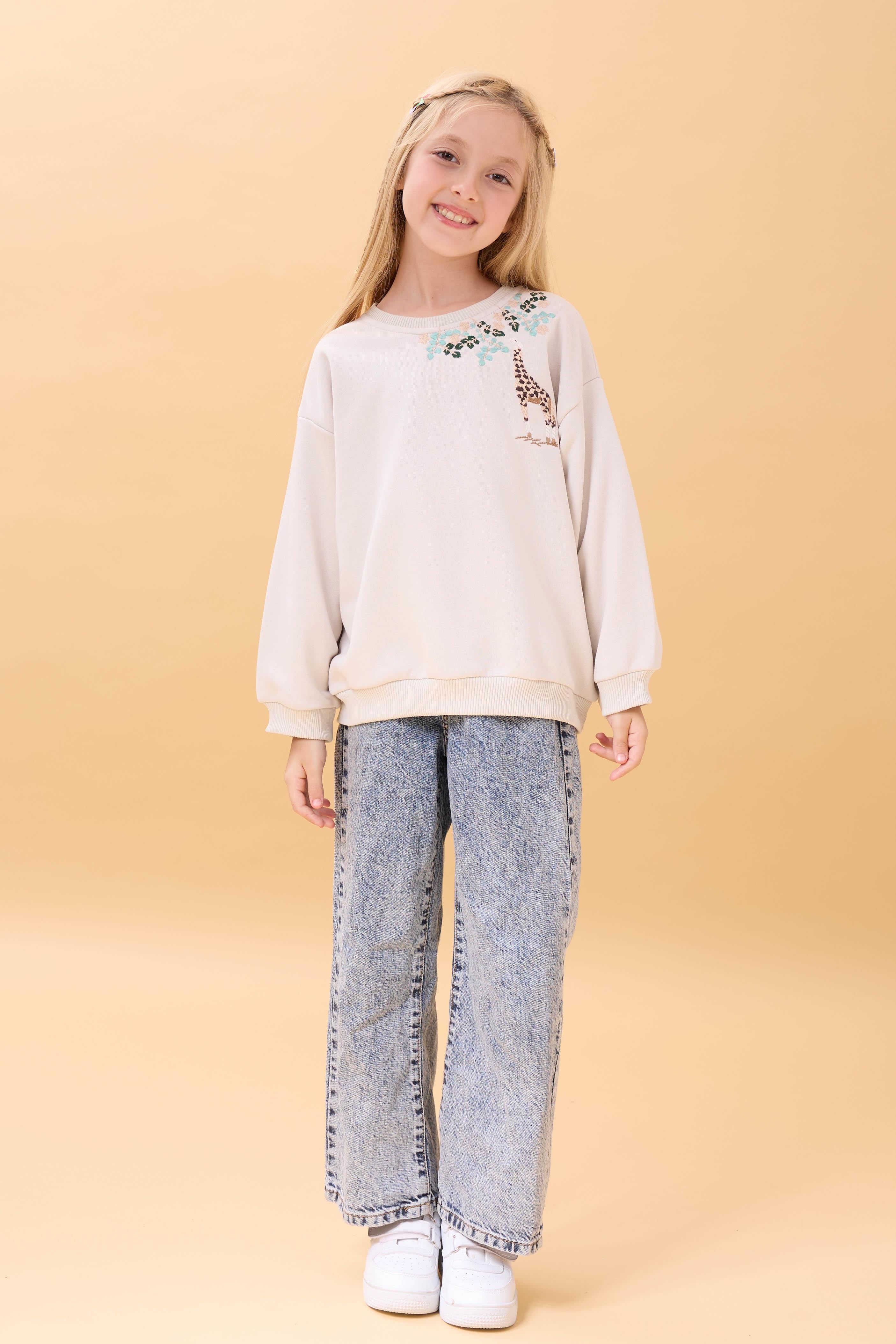Kız Çocuk Zürafa Nakışlı Mevsimlik Oversize Sweatshirt – Taş