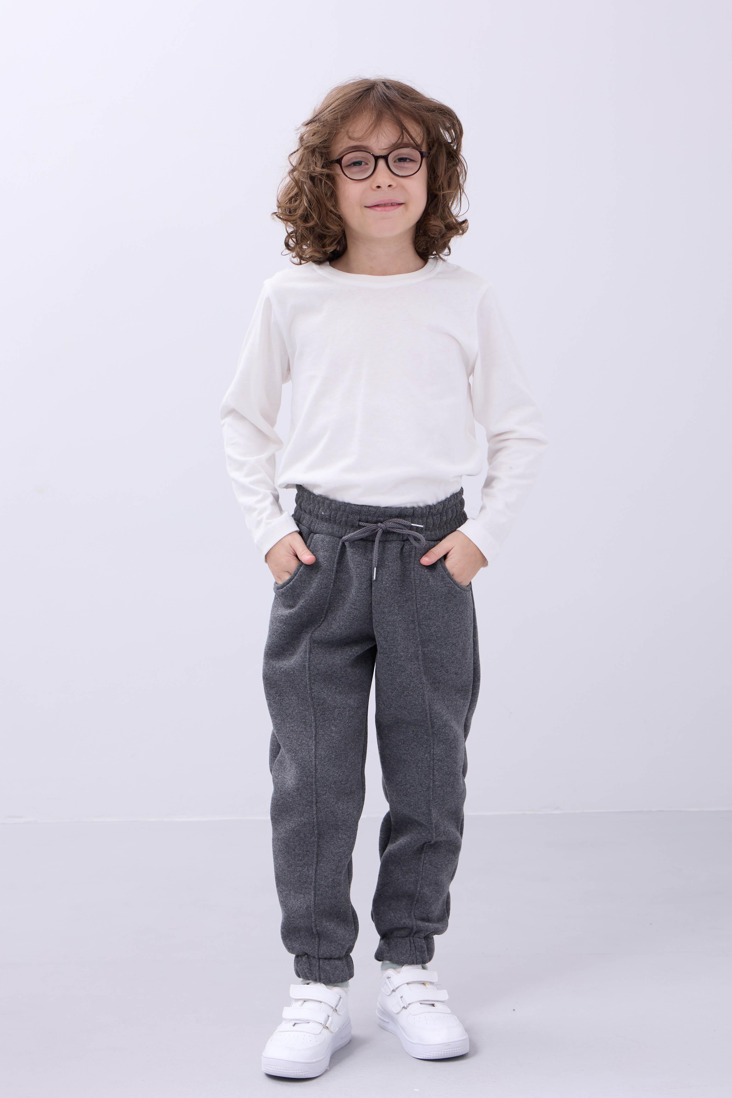 Lastikli İçi Polarlı Cepli Rahat Unisex Çocuk Eşofman Altı Antrasit