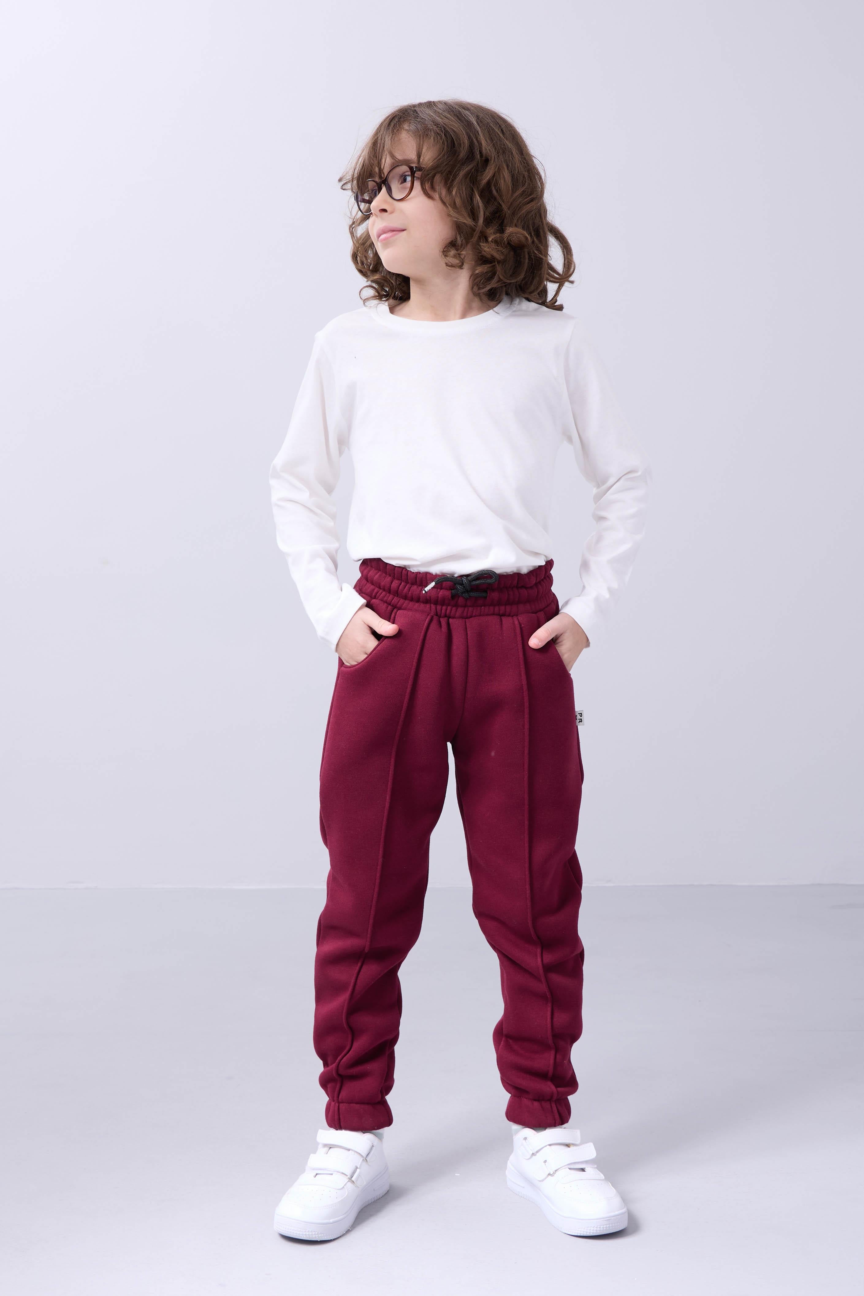 Lastikli İçi Polarlı Cepli Rahat Unisex Çocuk Eşofman Altı Bordo