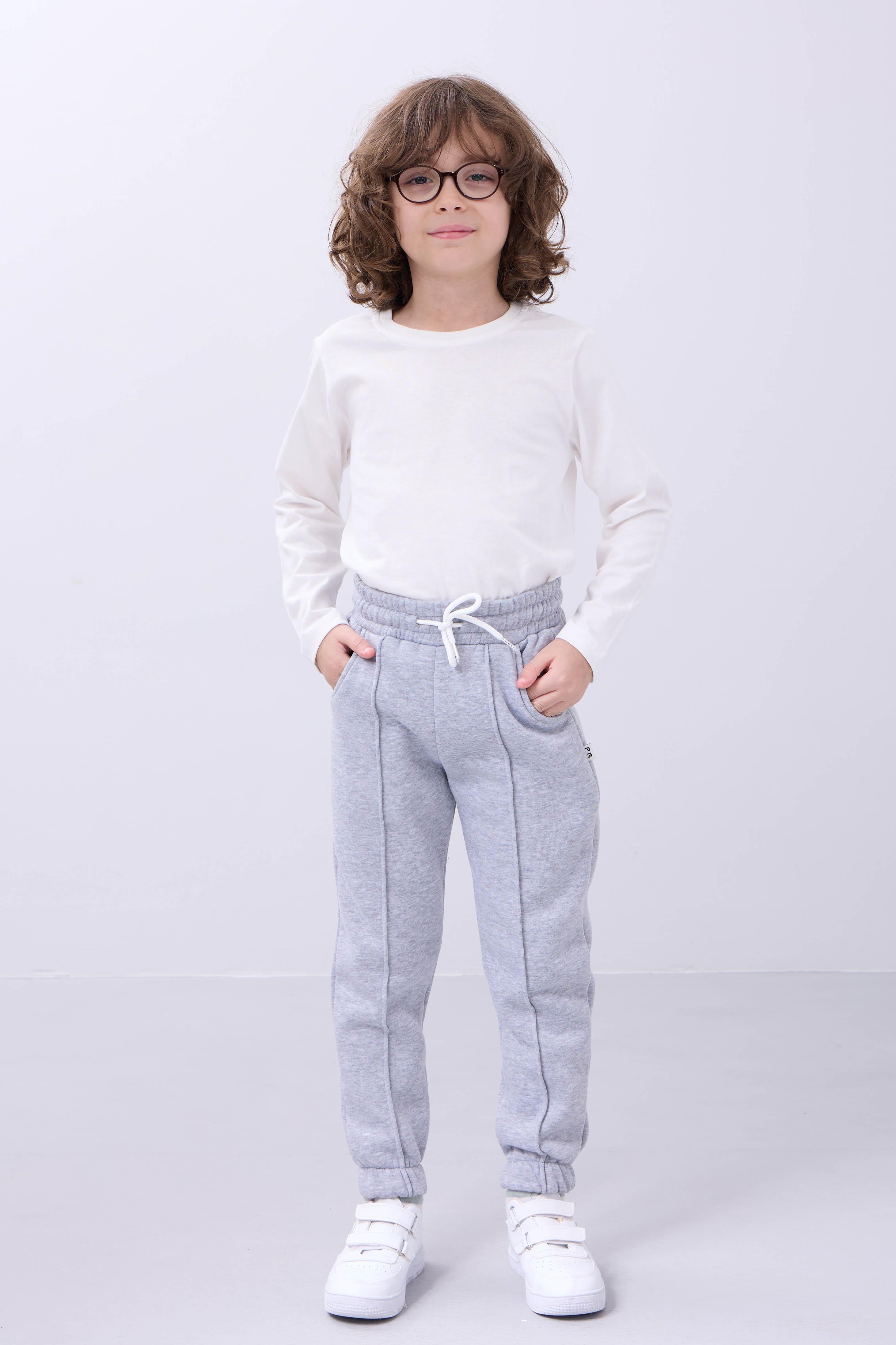 Lastikli İçi Polarlı Cepli Rahat Unisex Çocuk Eşofman Altı Gri