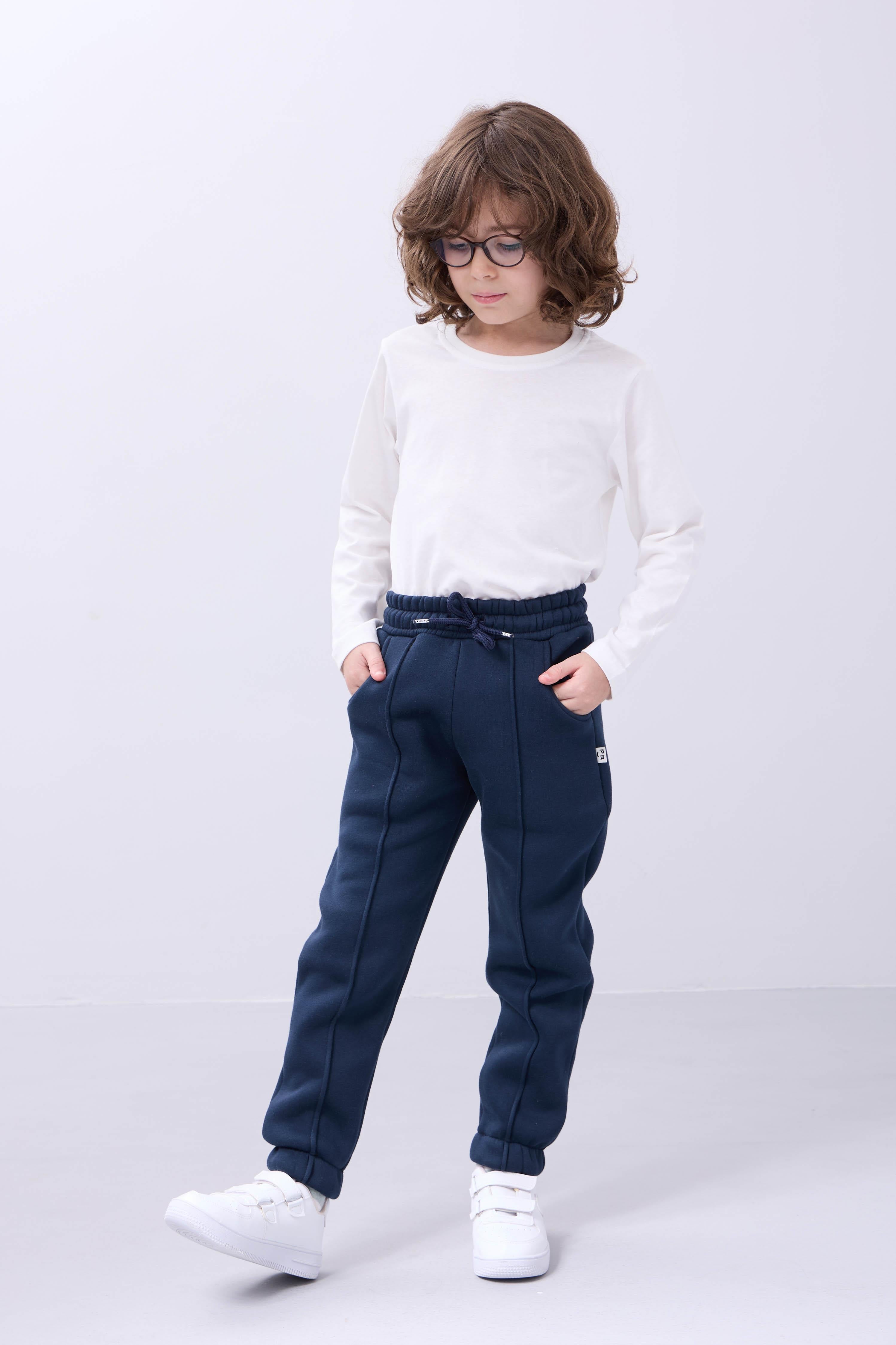 Lastikli İçi Polarlı Cepli Rahat Unisex Çocuk Eşofman Altı Lacivert