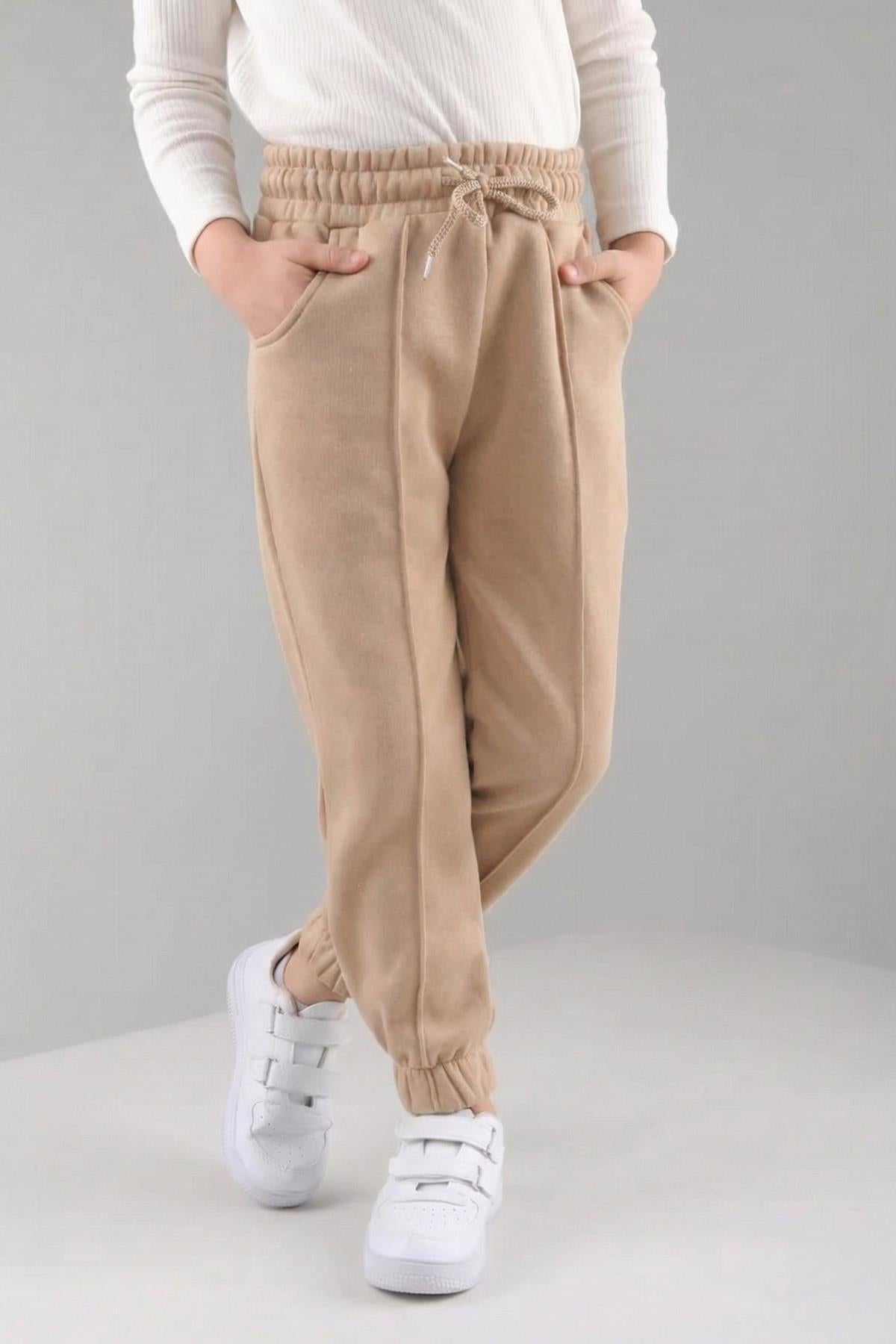 Lastikli İçi Polarlı Cepli Rahat Unisex Çocuk Eşofman Altı Taş